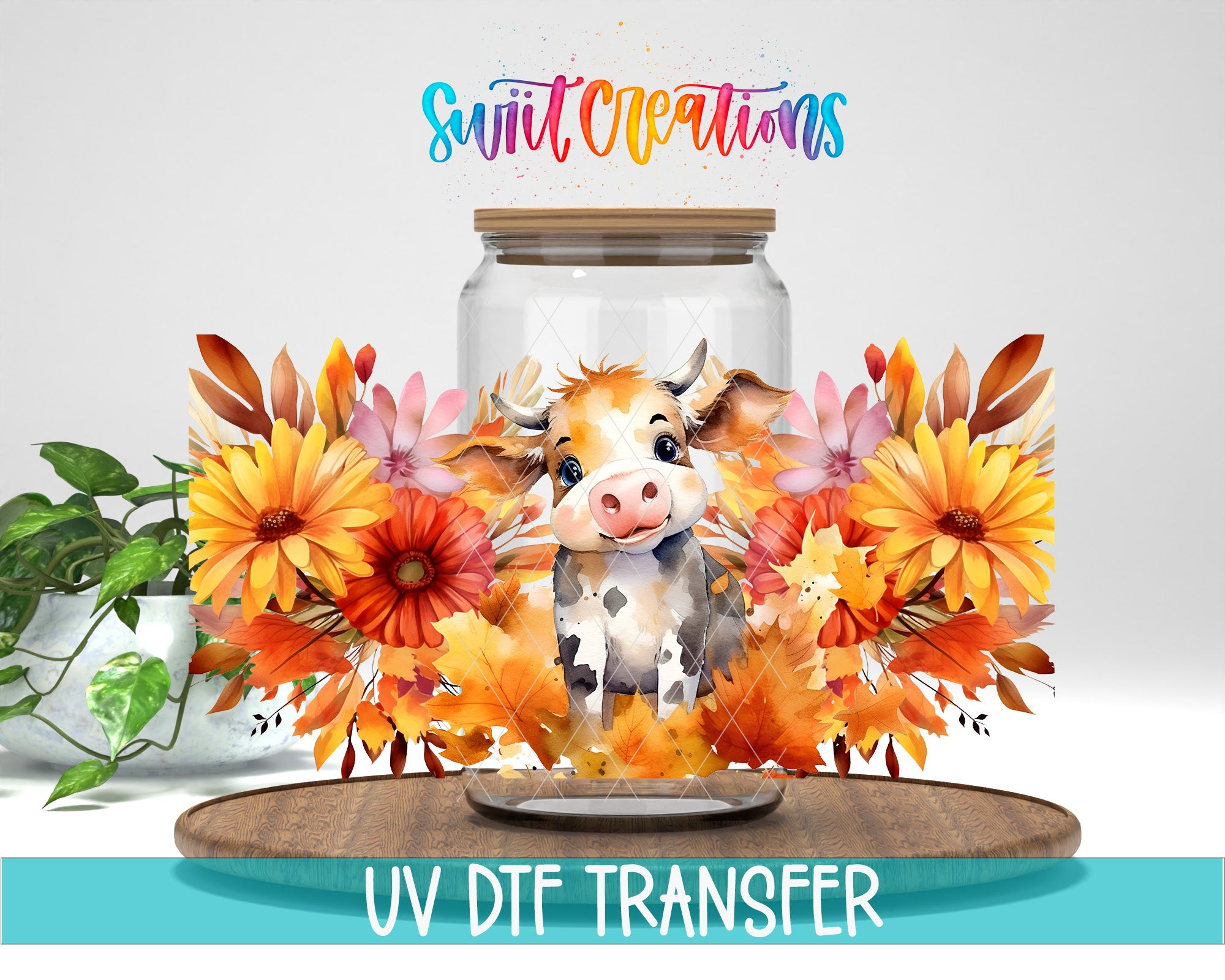 A cow surrounded by a colorful arrangement of flowers, with the text "Swift Creations" above the image.