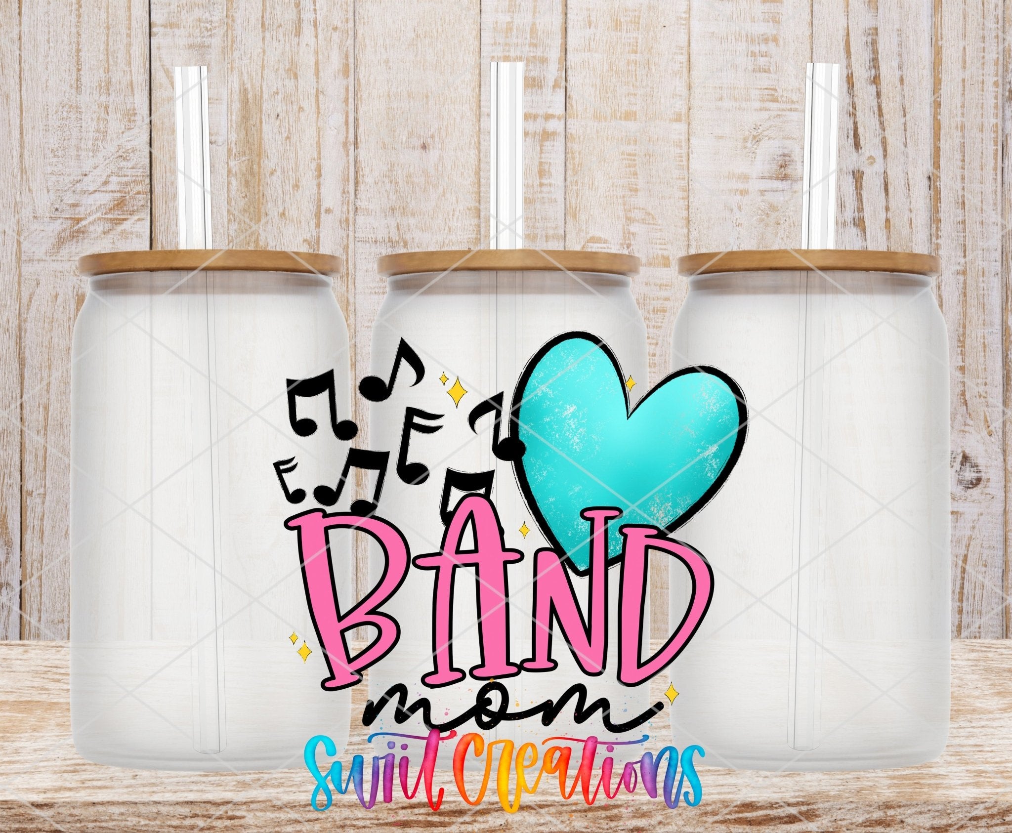 Band Mom UV DTF transfer applied to a clear glass can set from Swiit Creations