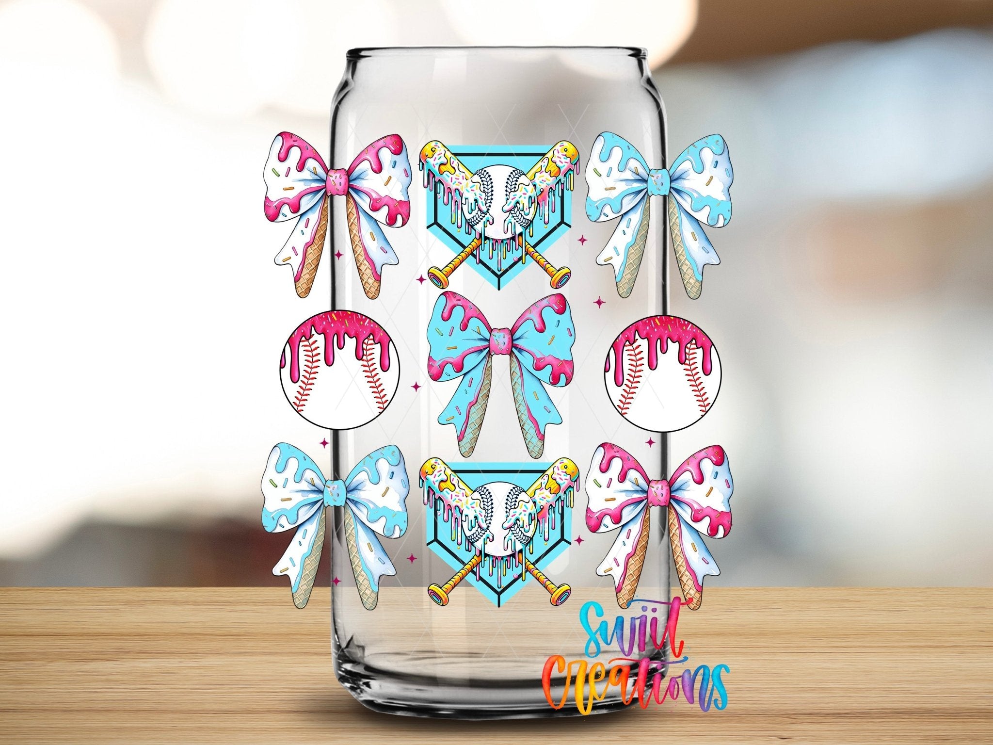 Baseball Coquette UV DTF transfer applied to a clear glass can from Swiit Creations