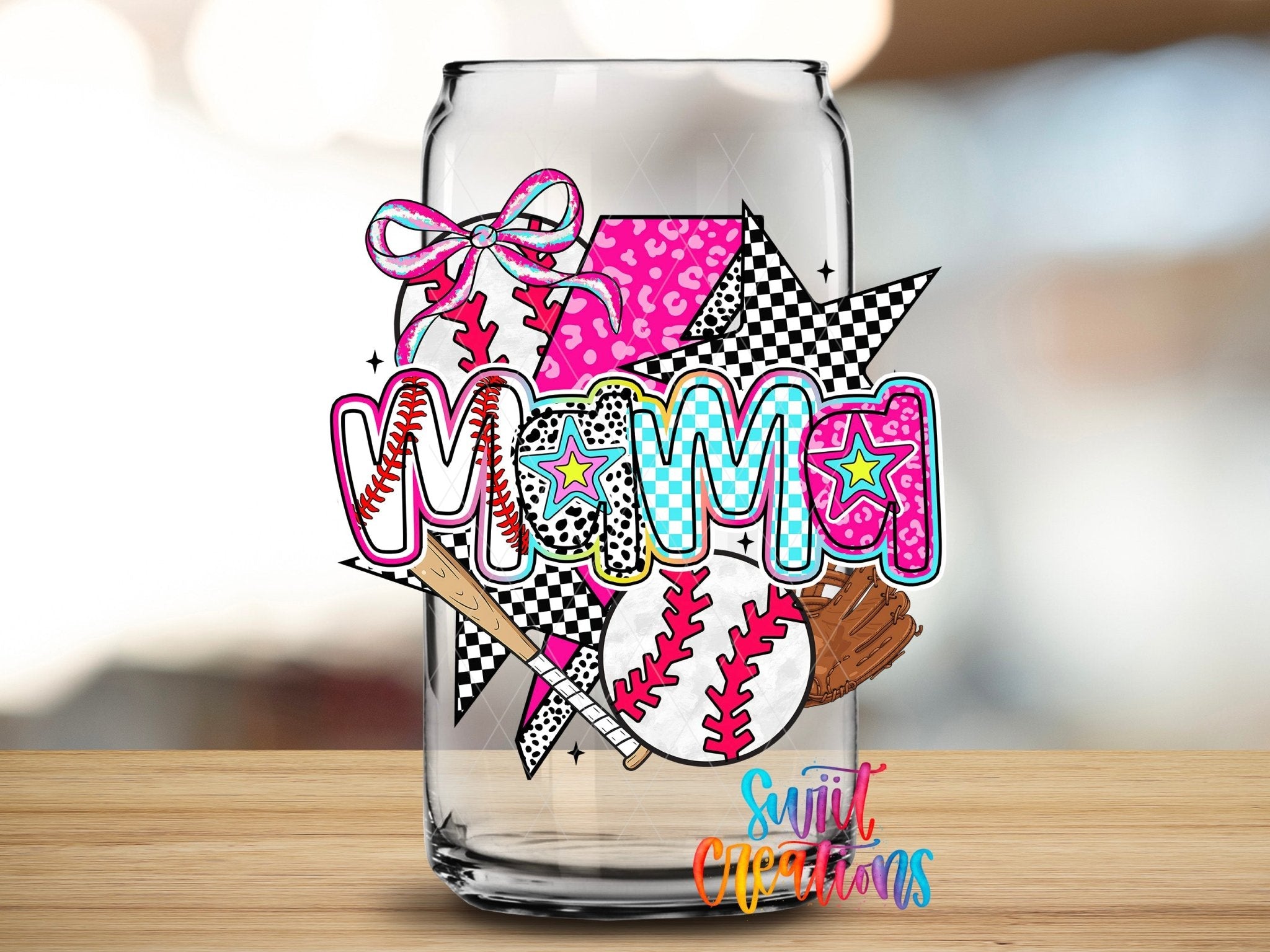Baseball Mama UV DTF transfer applied to a clear glass can from Swiit Creations