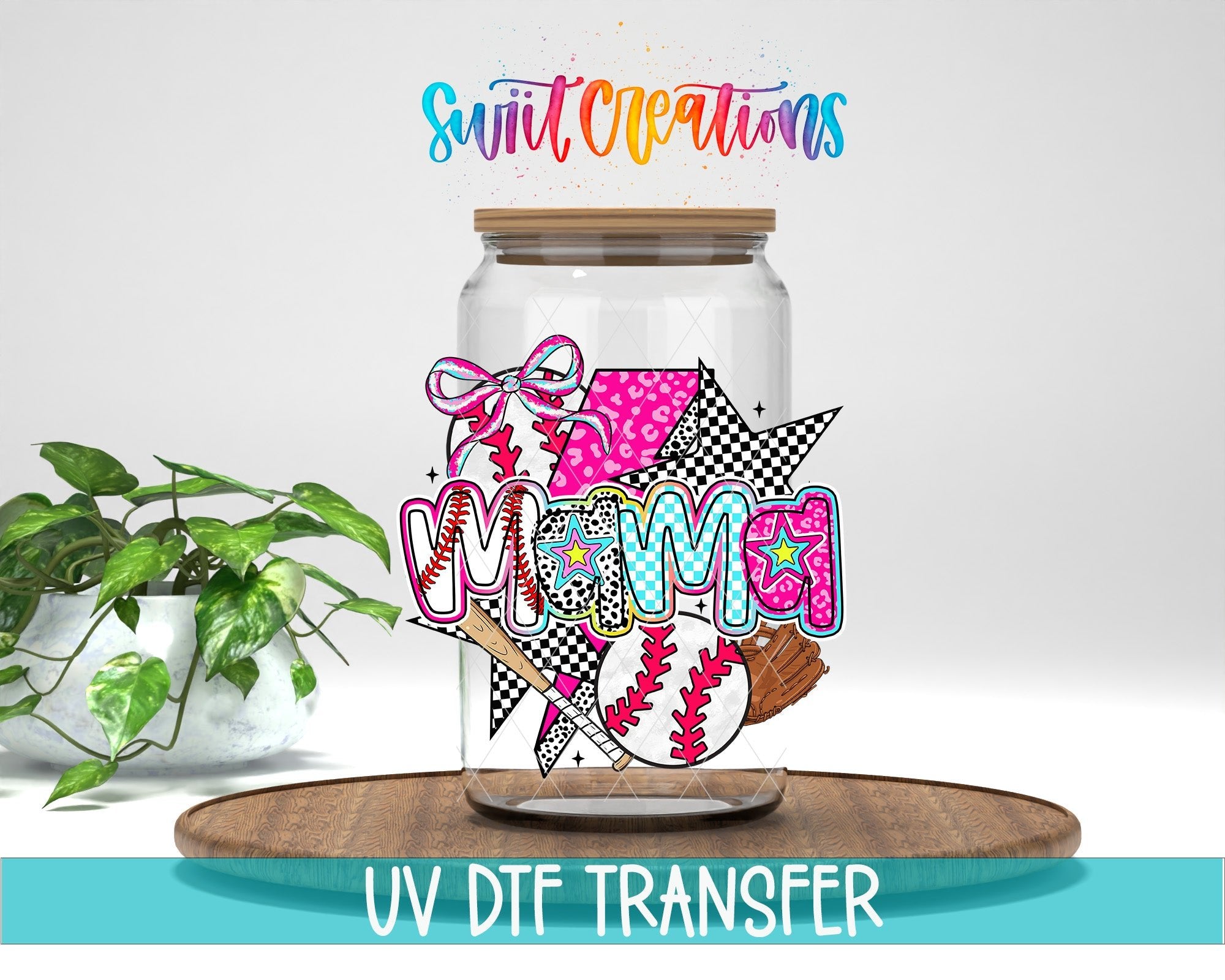 Baseball Mama UV DTF transfer displayed on a clear jar mockup from Swiit Creations