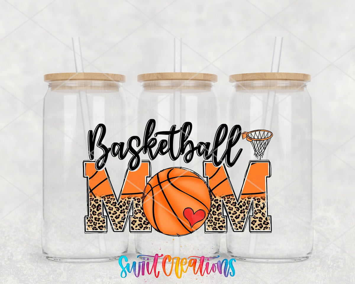 Basketball Mom UV DTF wrap on three glass cans