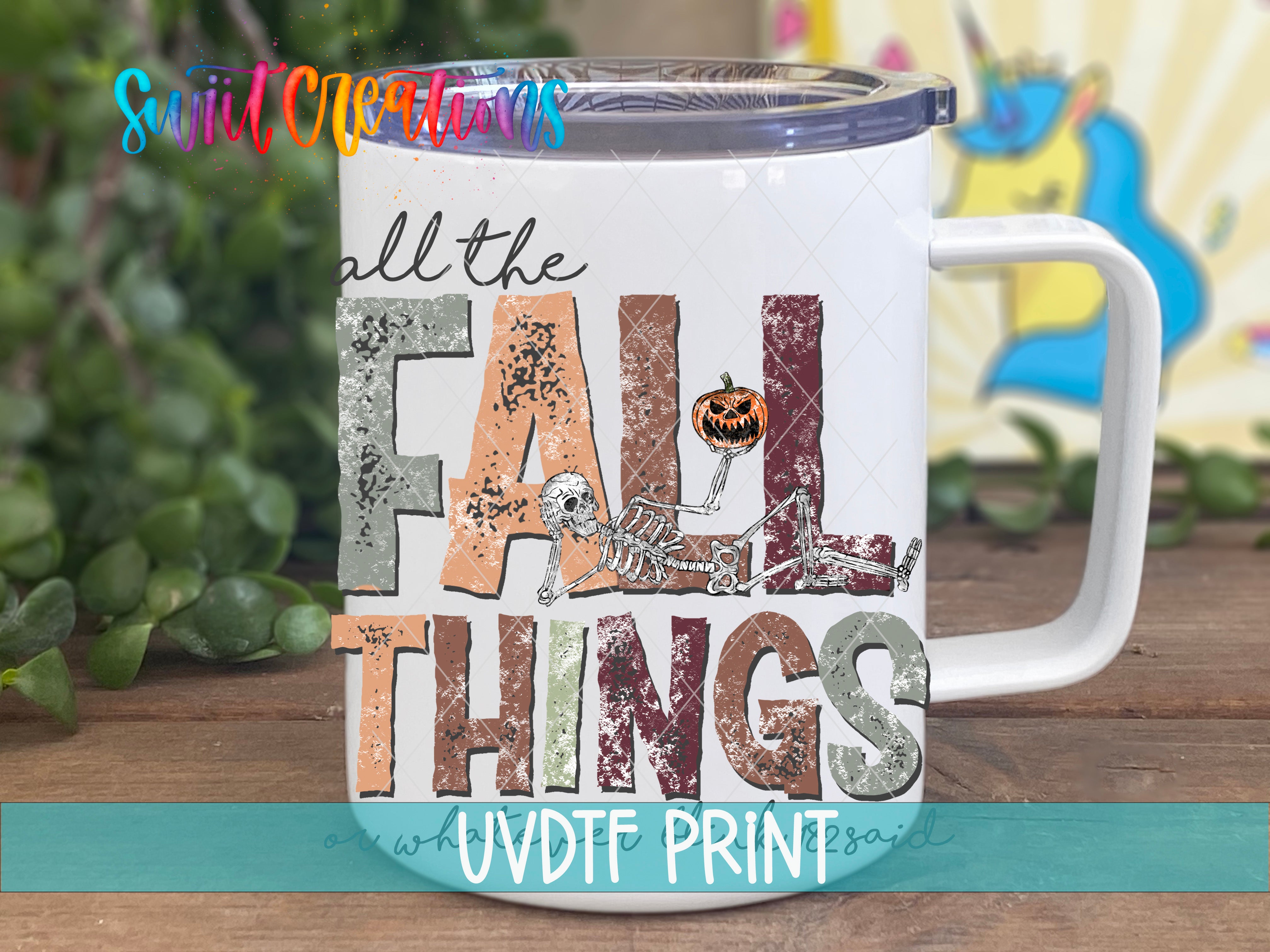 a coffee mug with the words fall things on it