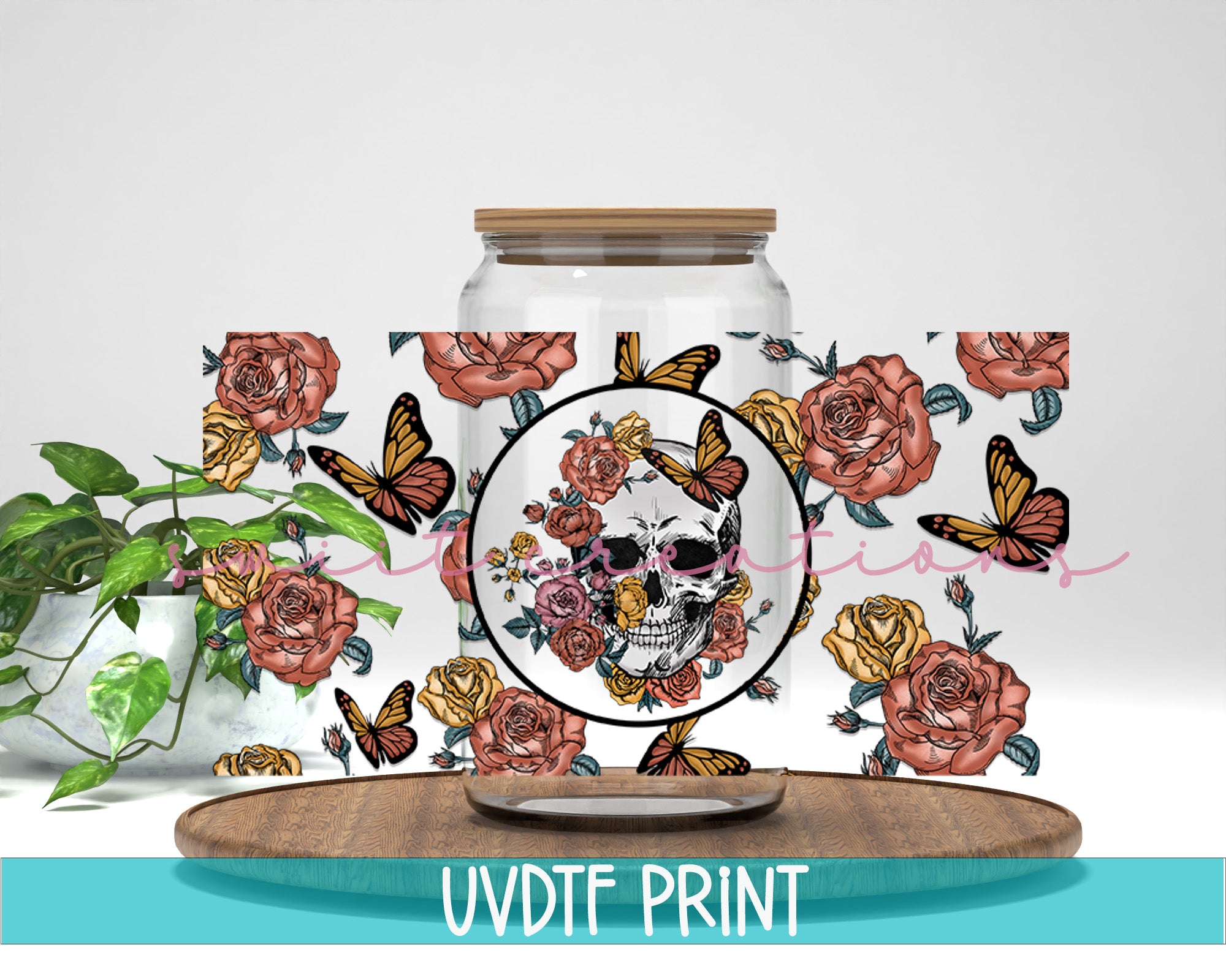 a jar with a picture of a skull and roses on it