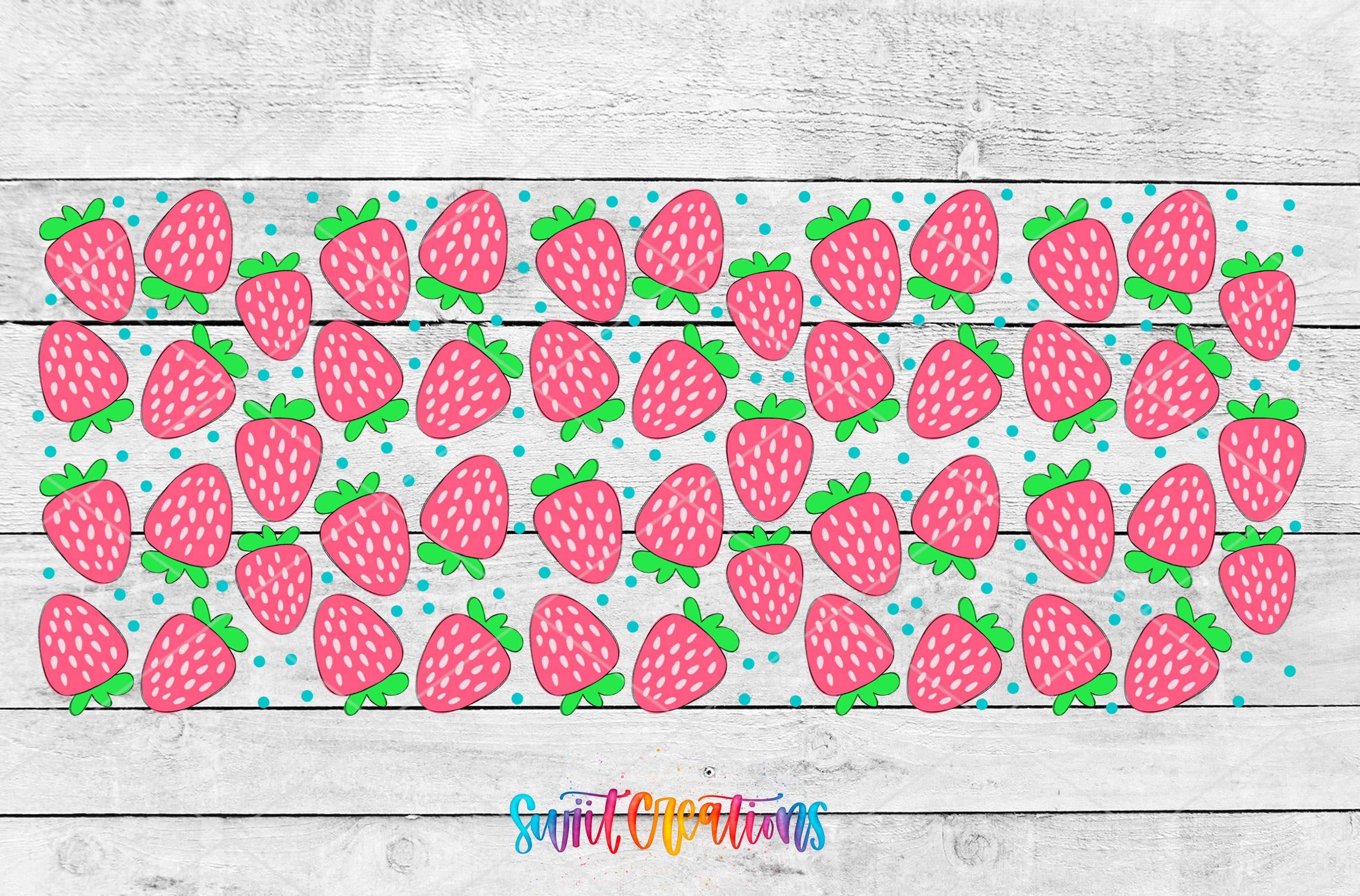 a pattern of pink and green strawberries on a white wooden background.