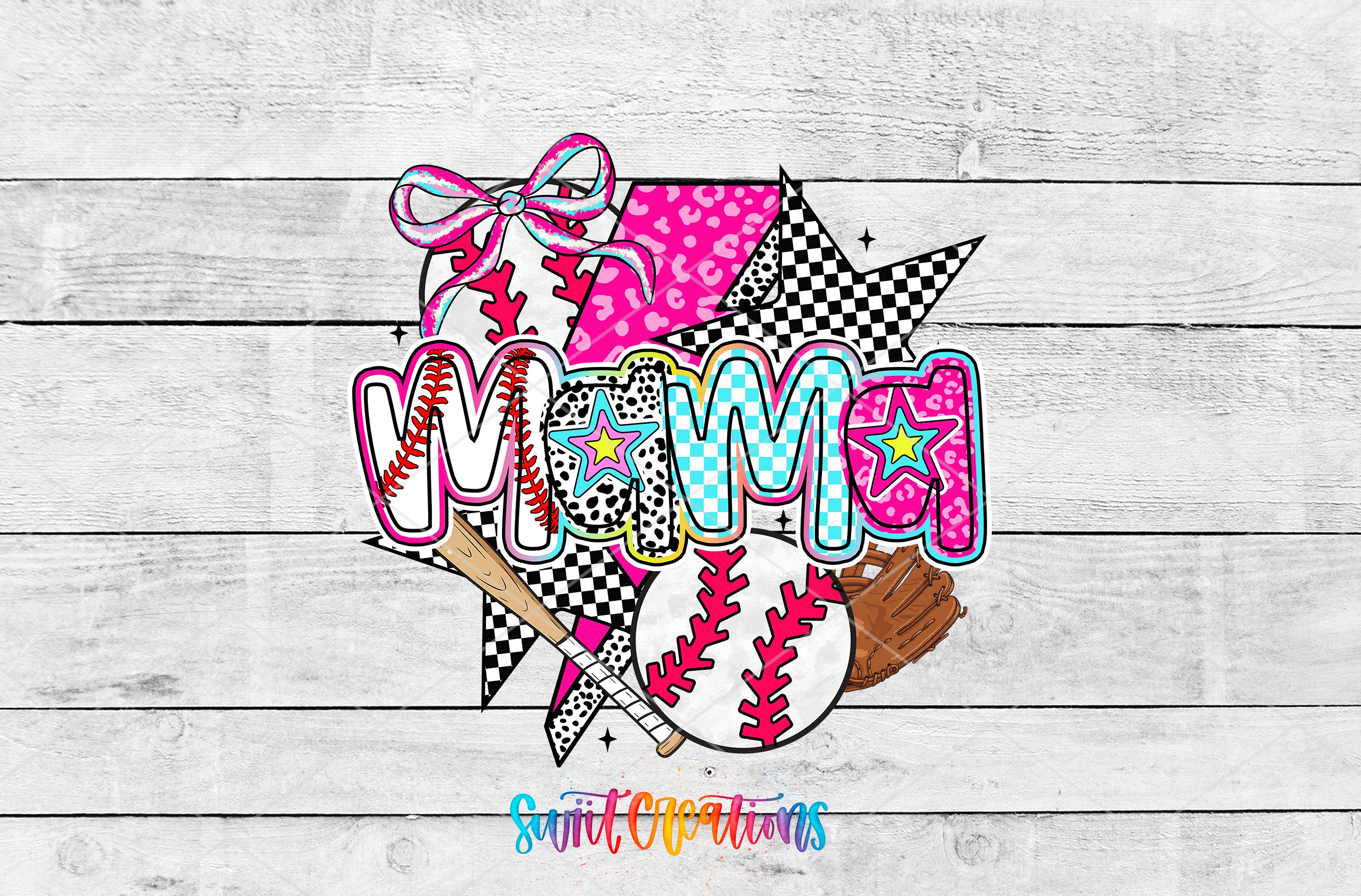 A colorful and stylized graphic design featuring the word "Mama" surrounded by various sports-related elements such as a baseball, a glove, and a star.