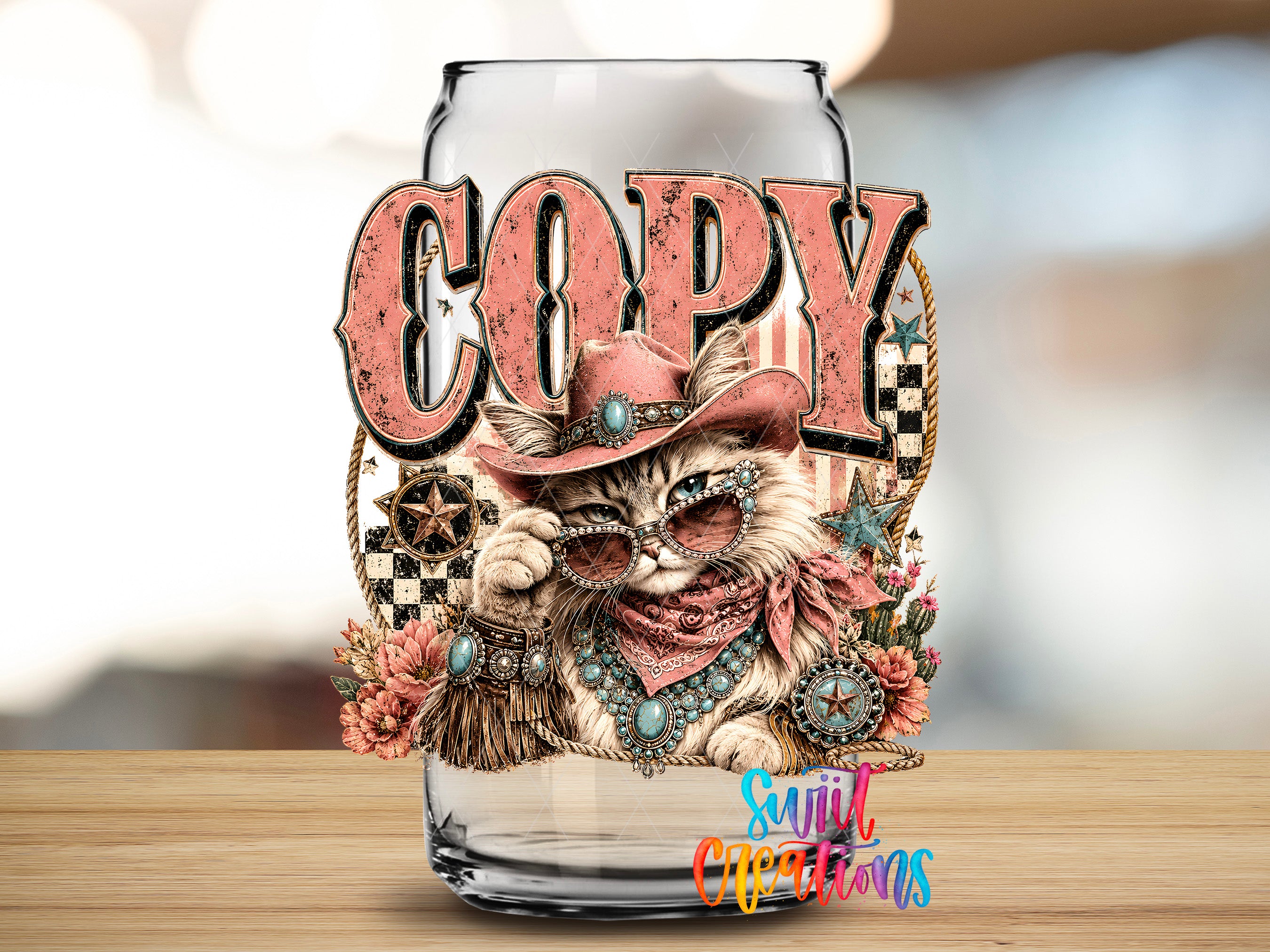 A glass jar with a cat wearing a cowboy hat and sunglasses, surrounded by various decorative elements such as flowers and a checkered pattern.
