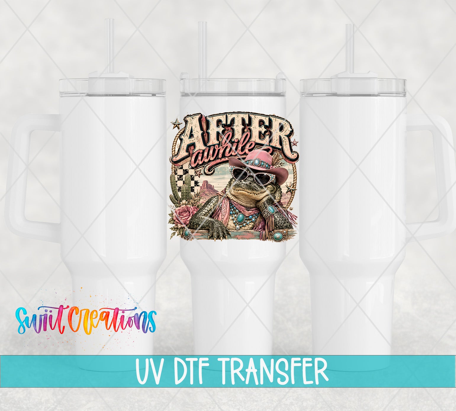 a white tumbler with a printed design on it, including a frog wearing a hat and sunglasses. The design is described as "AFTER LAUGH" and "AFTER LAUGH" in different styles. The image also includes text that says "UV DFT TRANSFER" and "Switc Productions".