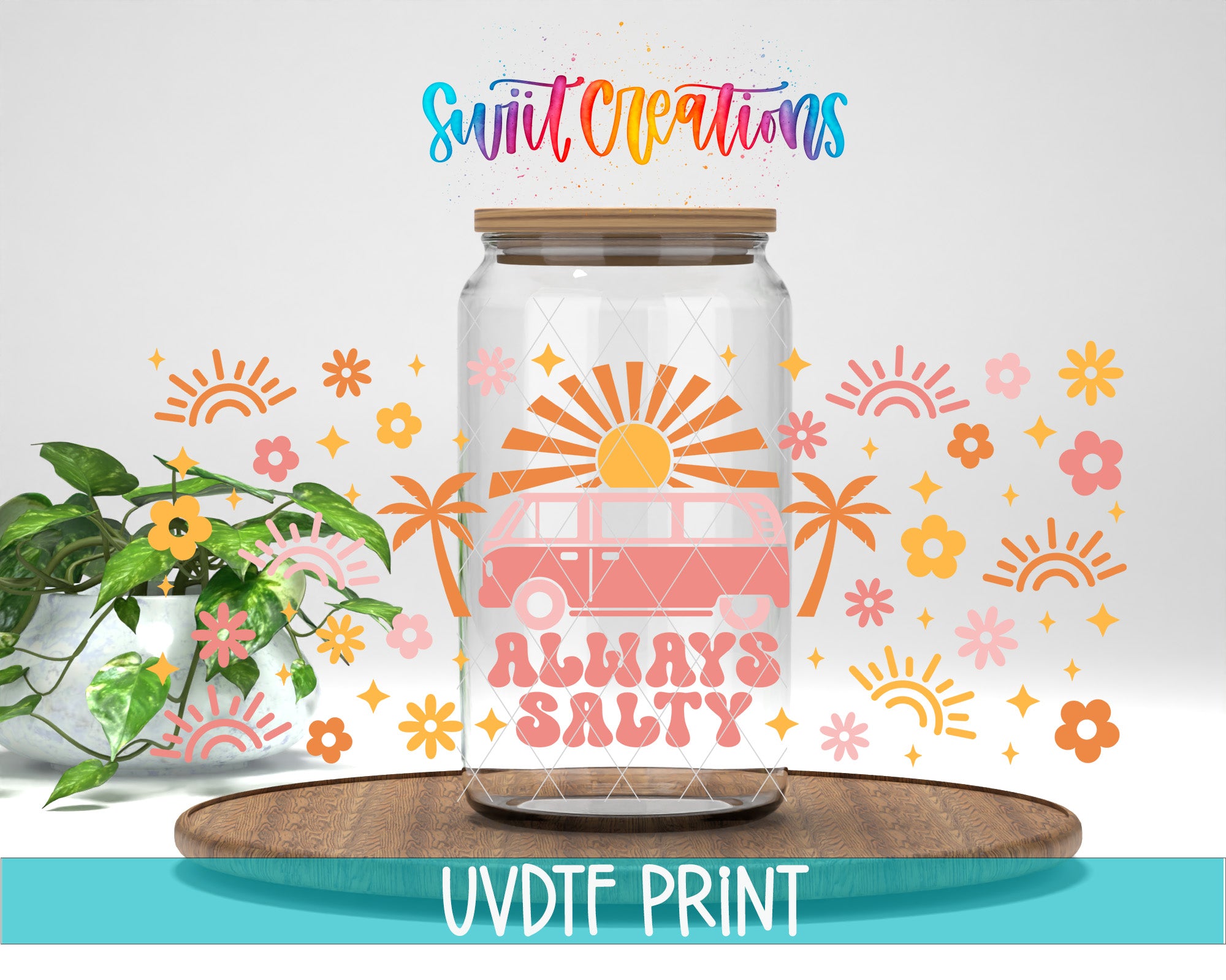 a glass jar with a label that says "ALLWAYS SALTY" and a sun graphic, surrounded by various colorful flowers and sun-like shapes.