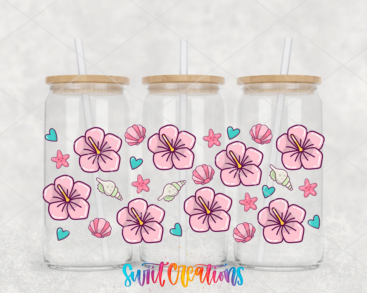 Beach Floral UV DTF full wrap on three glass cans