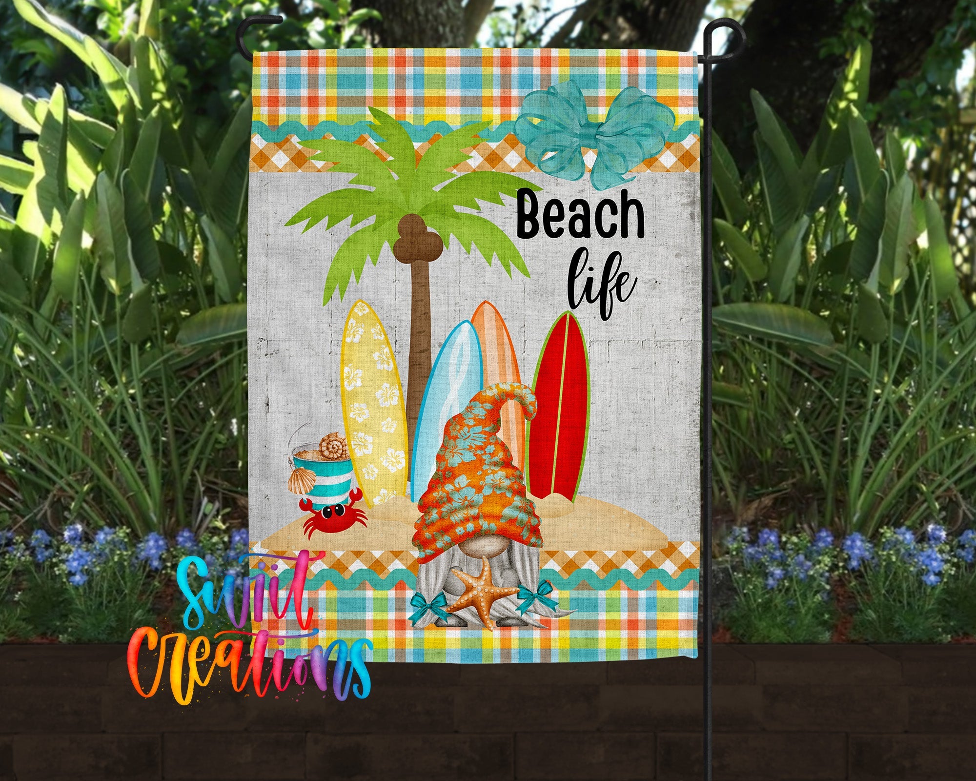 Beach Life Gnome Garden Flag | Summer Yard Flag | Surfboard Outdoor Decor | Coastal Porch Decoration | YF60 - Swiit Creations