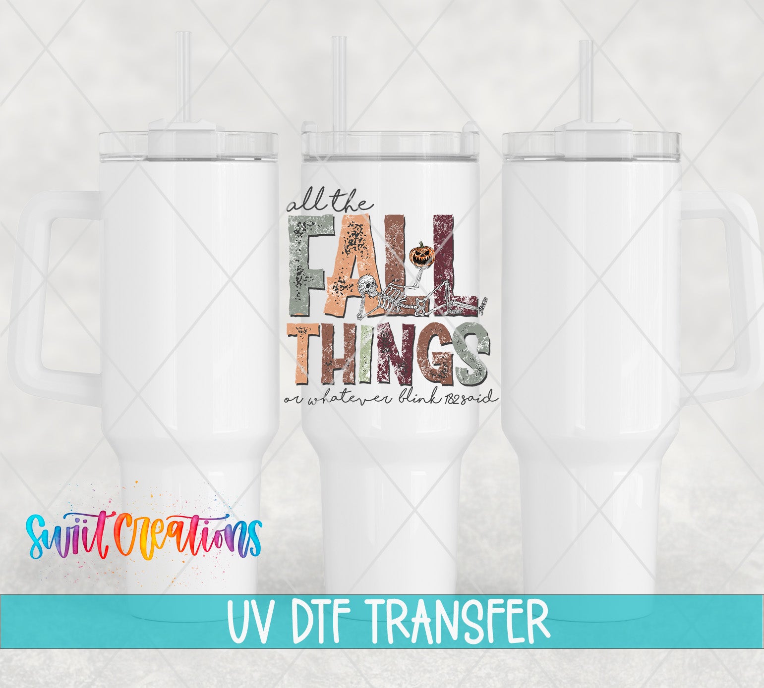 three white tumblers with a colorful text design on the front.