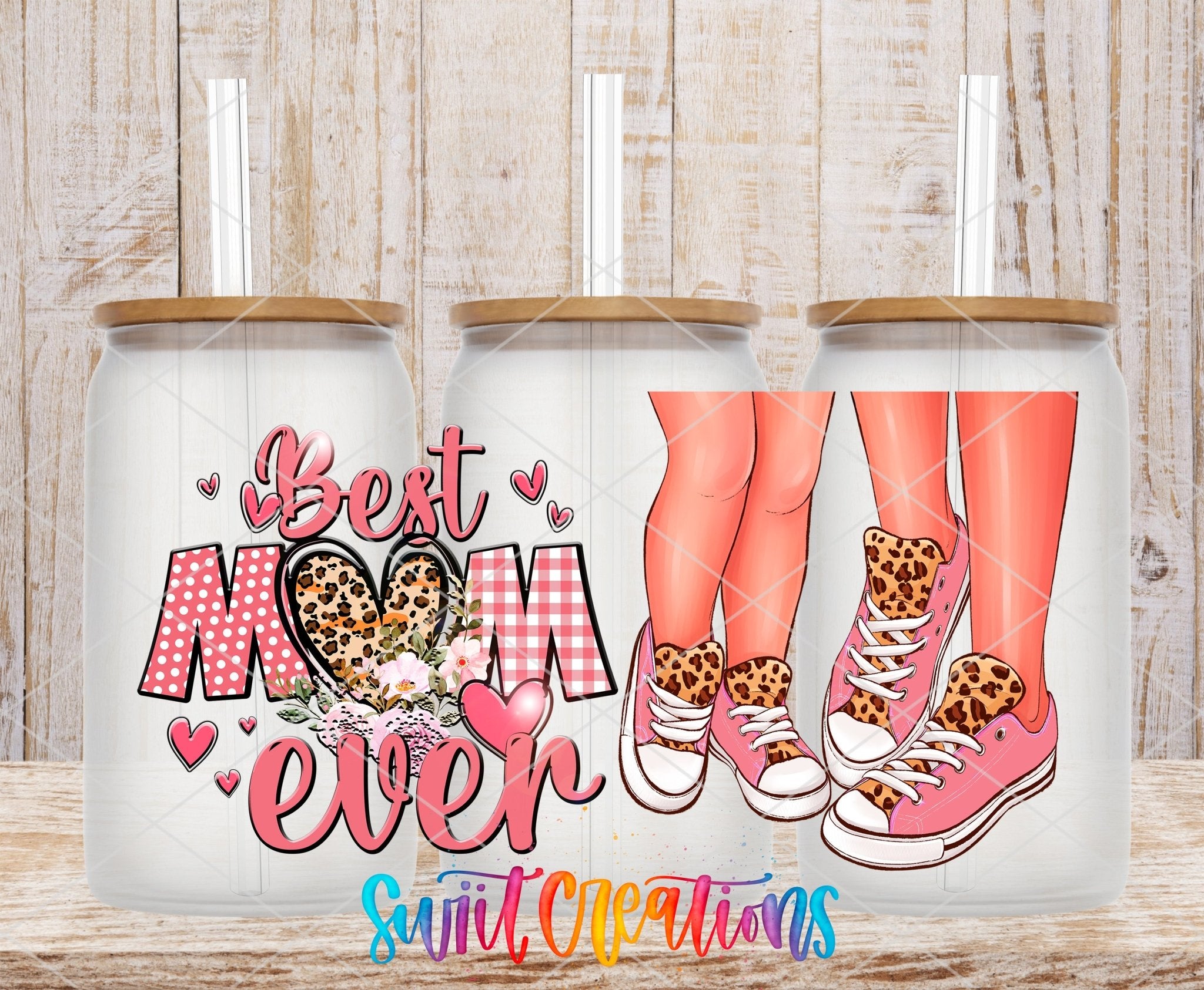 Best Mom Ever UV DTF Transfer Tumbler Wrap | Pink Leopard Sneaker Mother Cup Decal | DTF267 - Swiit Creations