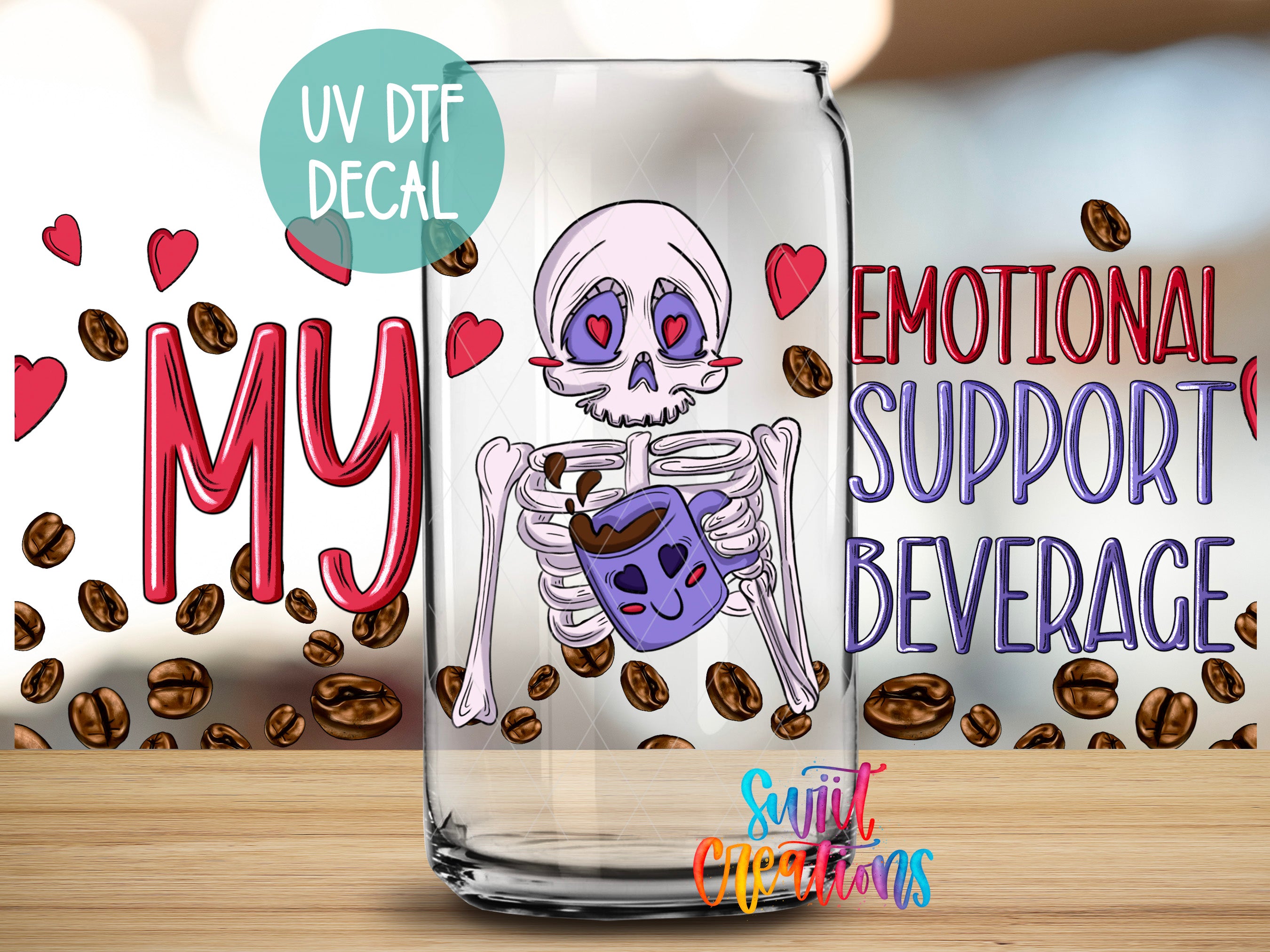 a glass mug with a skeleton holding a coffee mug, surrounded by coffee beans and hearts.