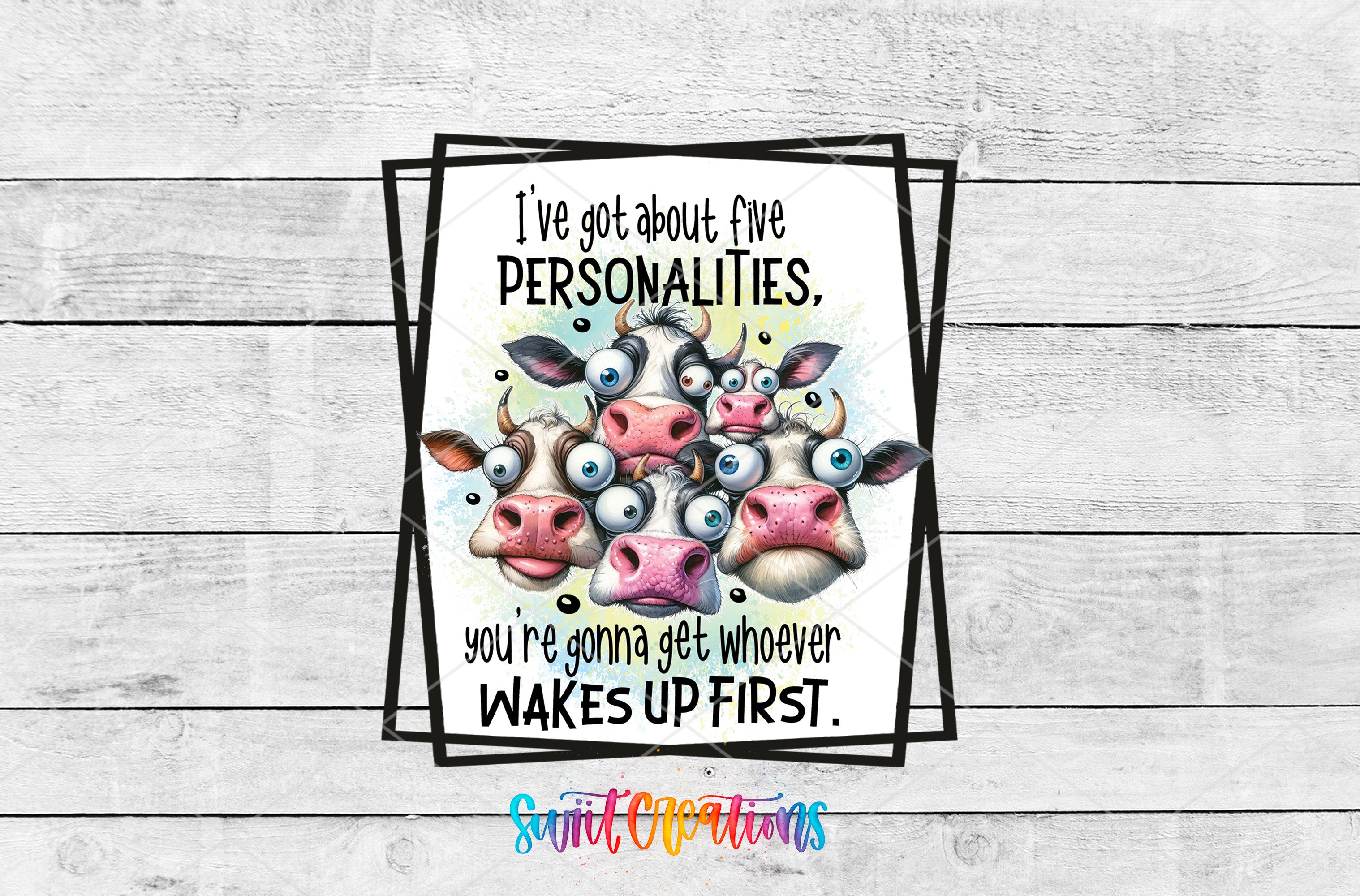 Swiit Creations UV DTF Five Personalities Cow transfer shown as the full artwork preview