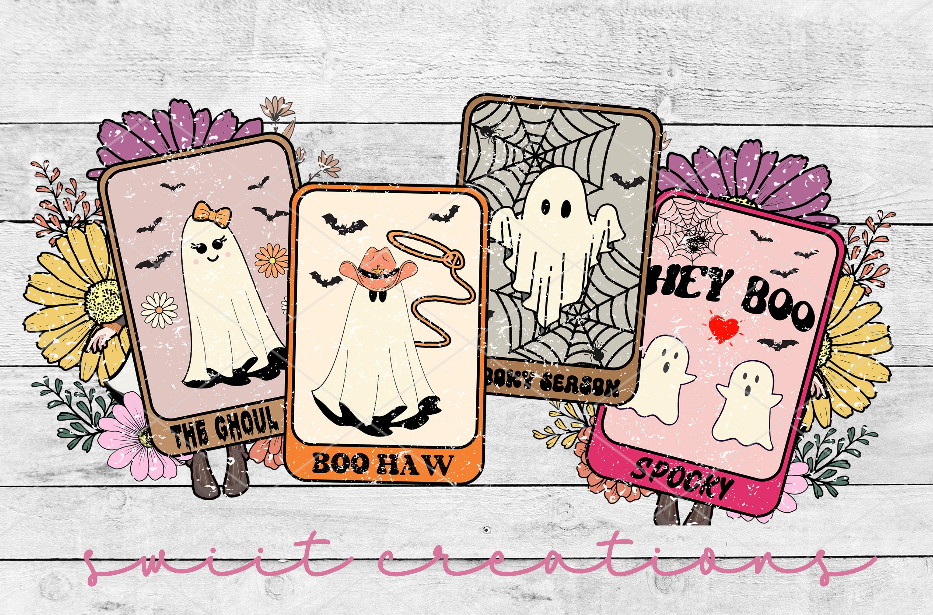a group of three halloween cards with ghostes on them