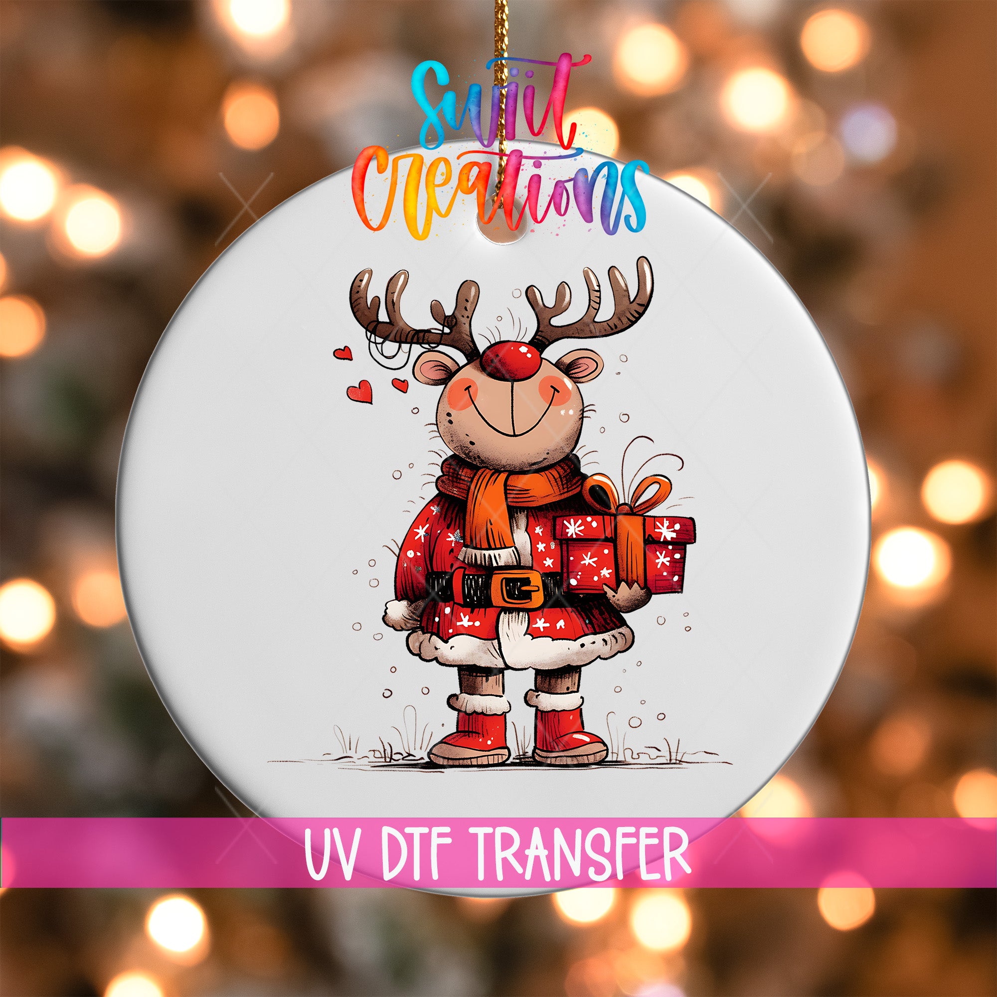 A white ornament with a cartoon reindeer holding a gift box and wearing a red scarf.