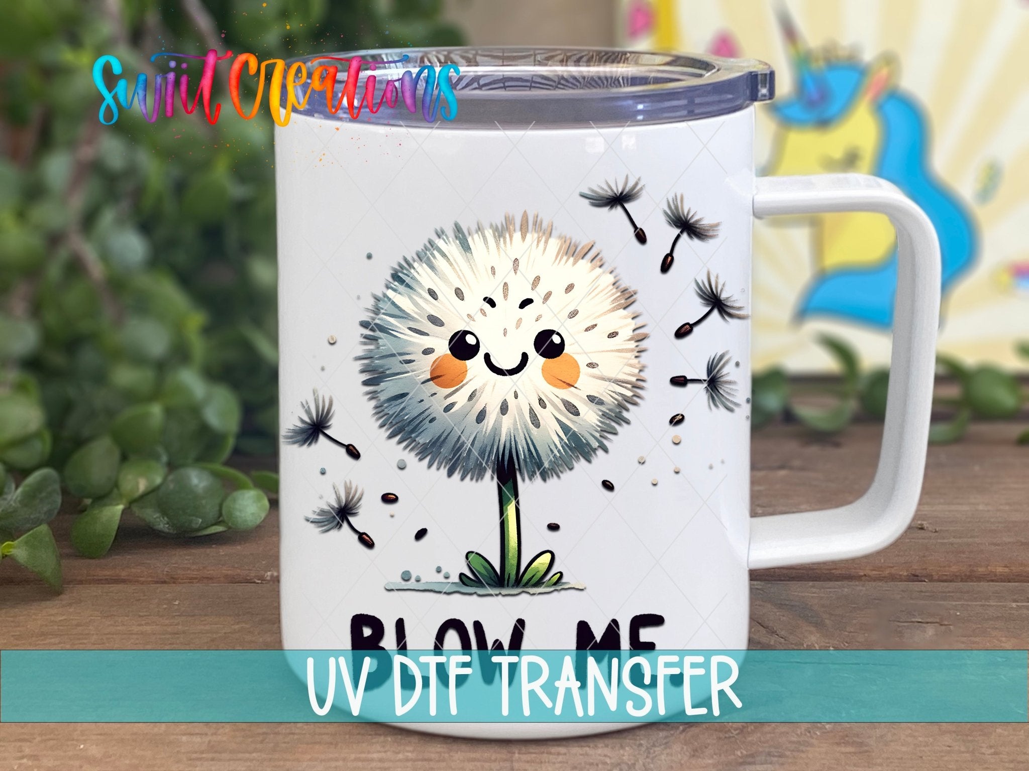 Blow Me Funny Sassy UV DTF transfer displayed on a white coffee mug from Swiit Creations
