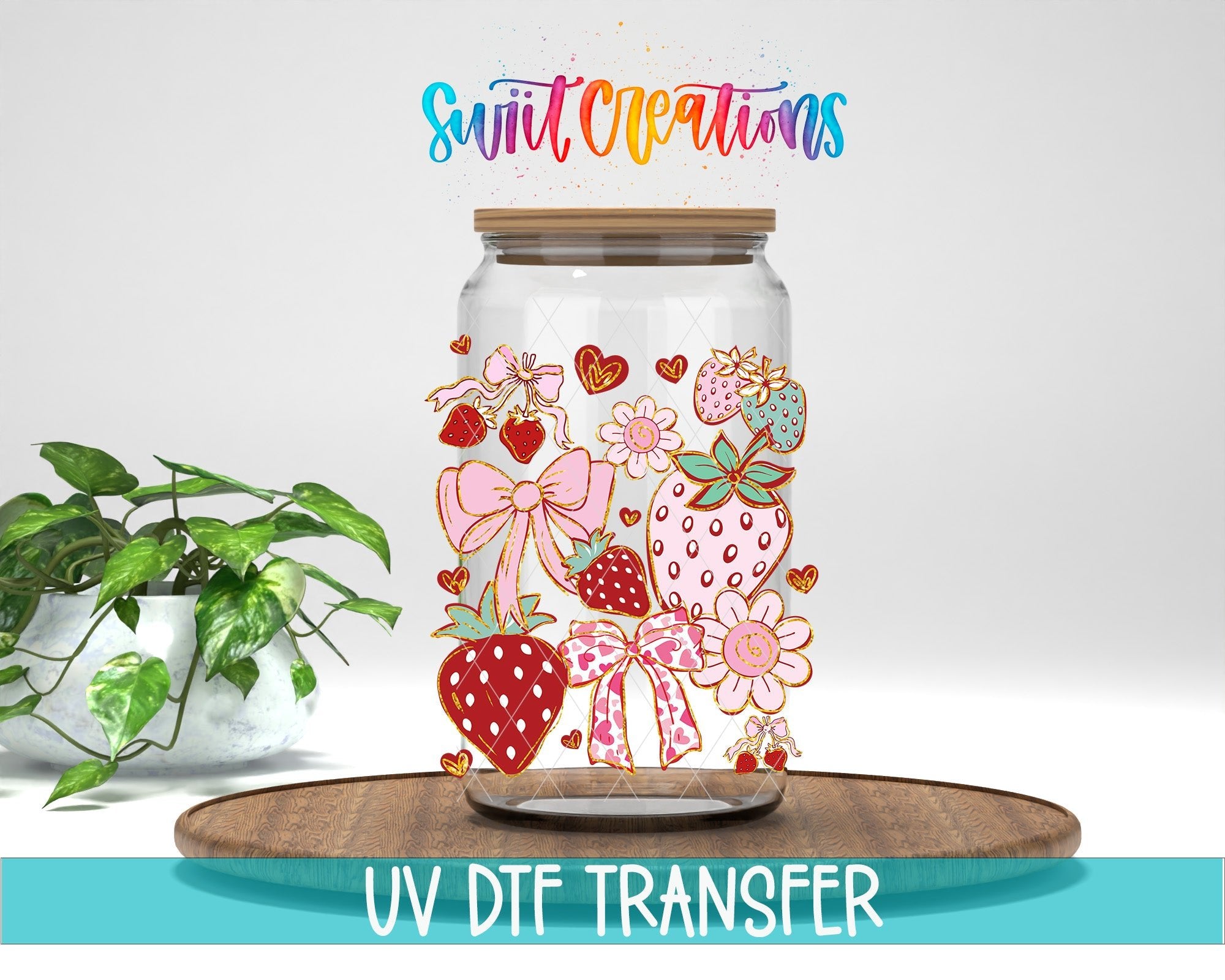 Boho Strawberry Coquette UV DTF transfer displayed on a clear jar mockup from Swiit Creations