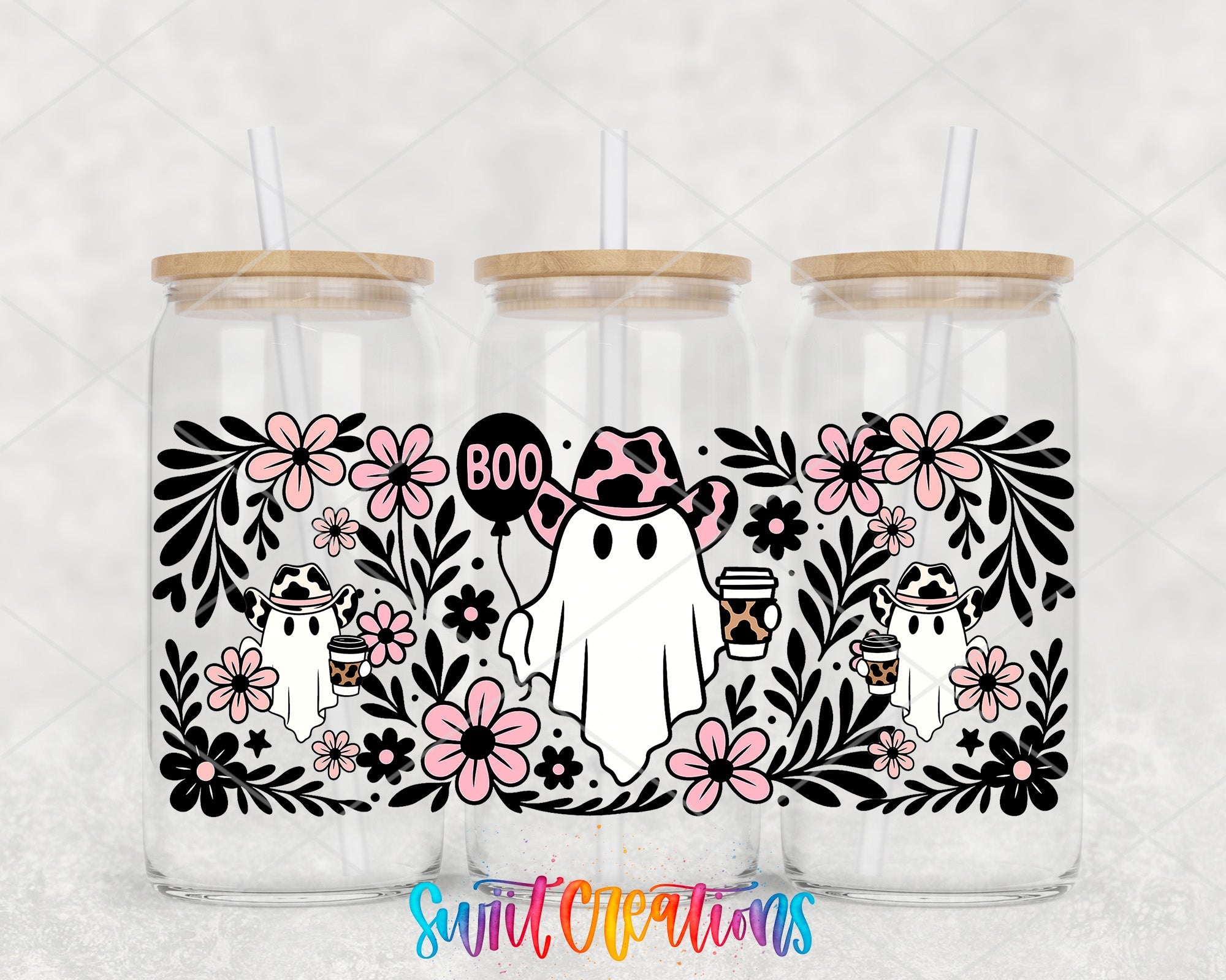 Boo Cowgirl Ghost UV DTF Transfer Tumbler Wrap | Pink Floral Western Ghost Cup Decal | DTF274 - Swiit Creations