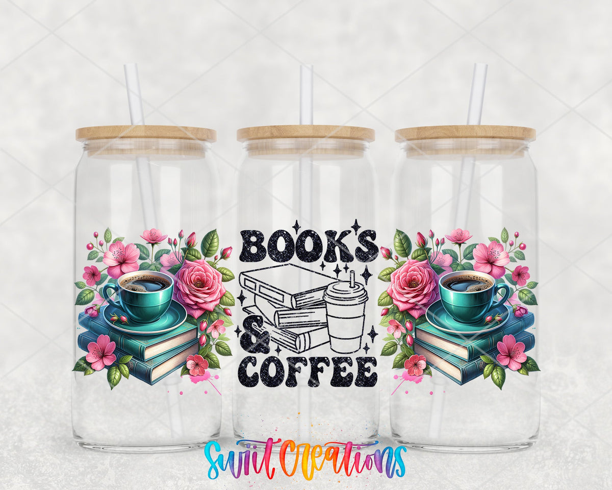 Books and Coffee UV DTF wrap on three glass cans
