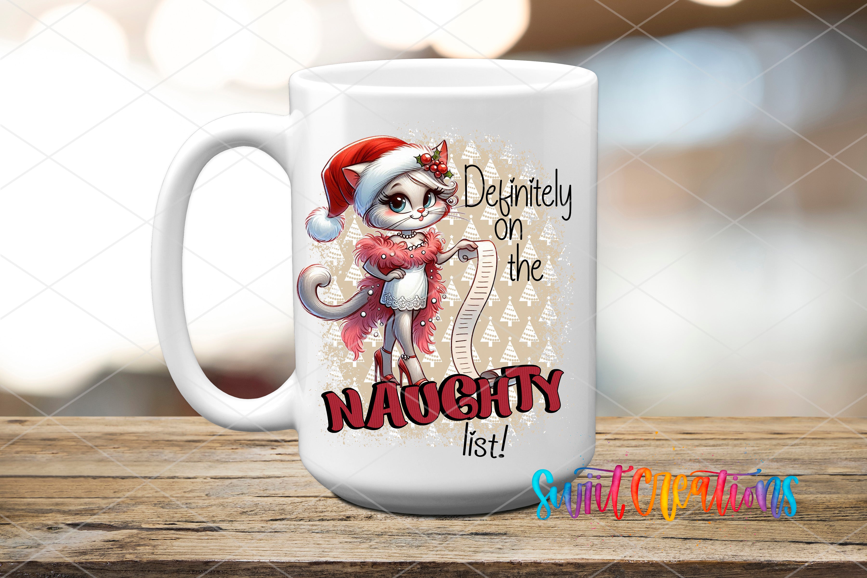 A white mug with a cartoon image of a cat wearing a Santa hat and holding a list, along with the text "Definitely on the Naughty list!"