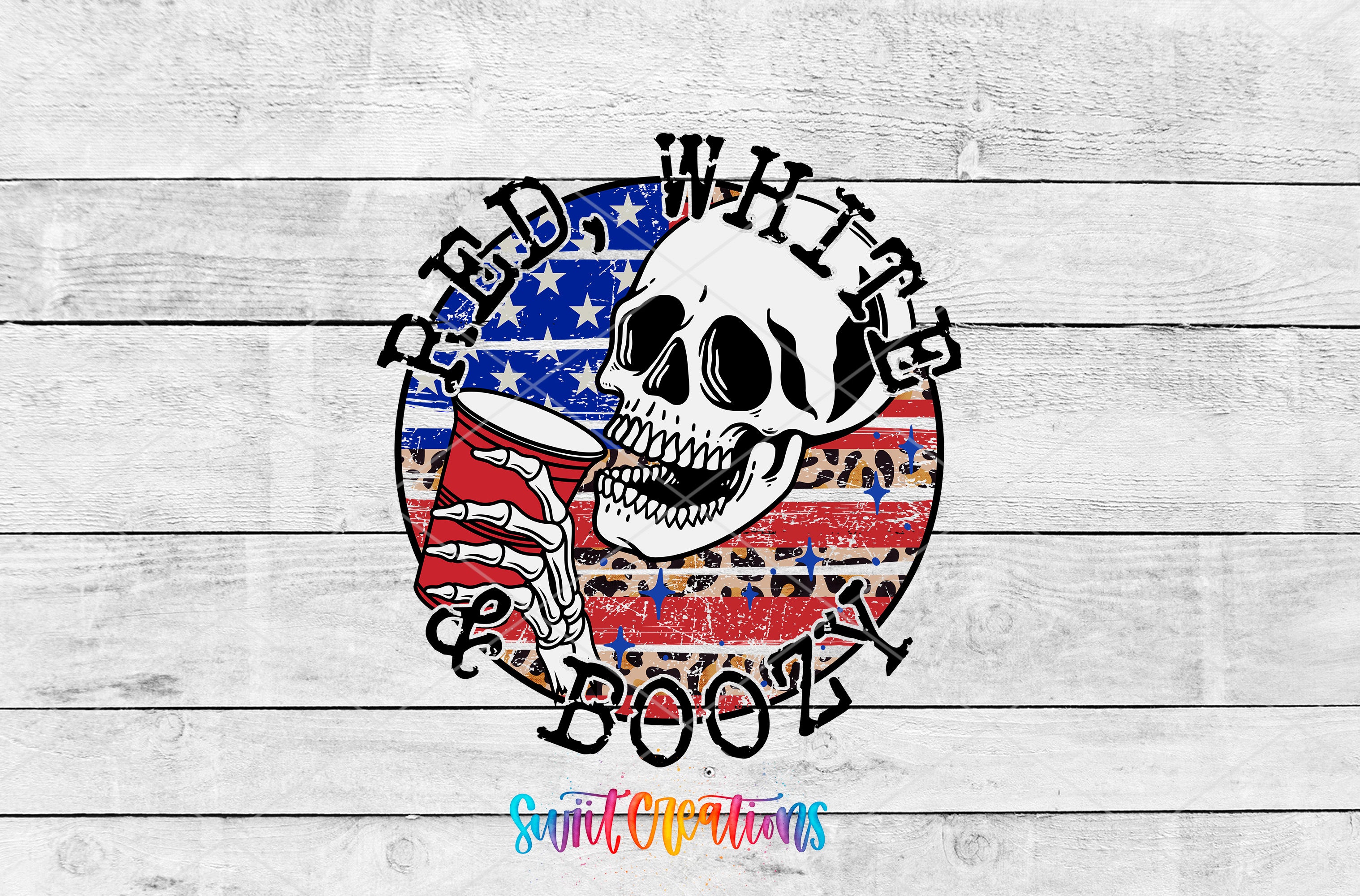 Swiit Creations UV DTF Red White And Boozy Skull transfer shown as the full artwork preview