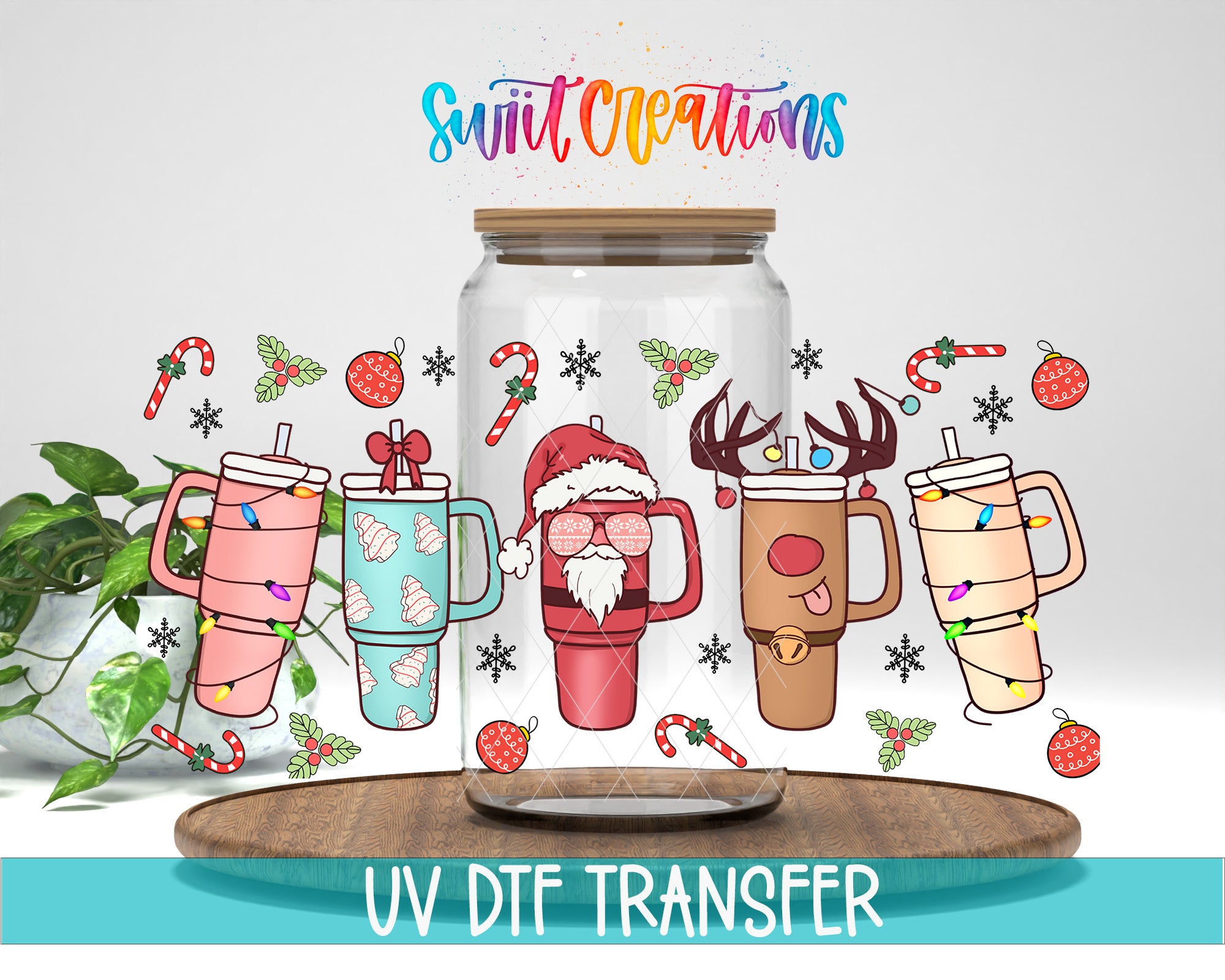 a collection of colorful and whimsical illustrations of mugs and cups, including Santa Claus, reindeer, snowflakes, and Christmas decorations, all set against a white background.