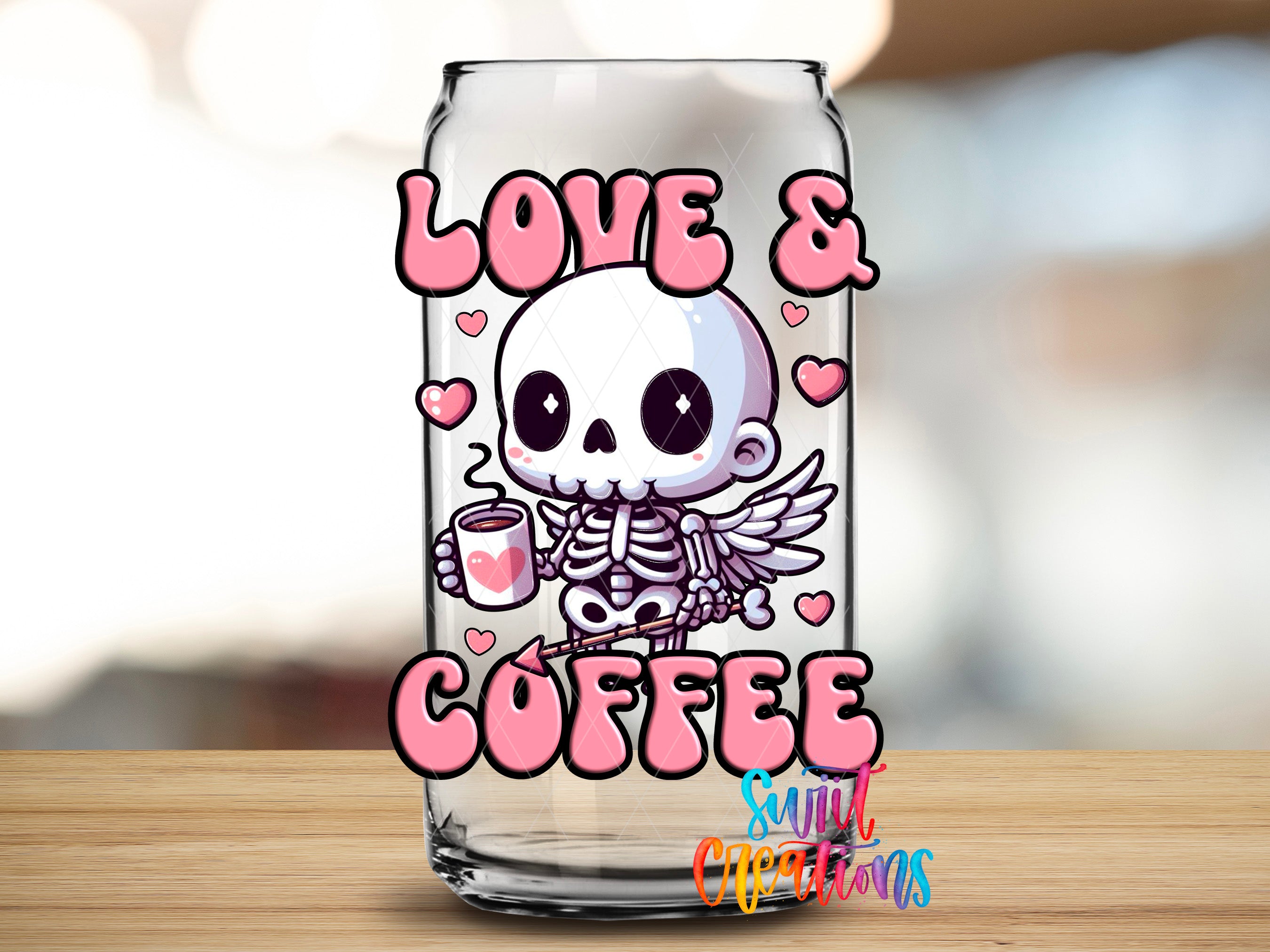 A glass can with a cartoon skeleton holding a coffee cup and the text "LOVE & COFFEE" written on it.