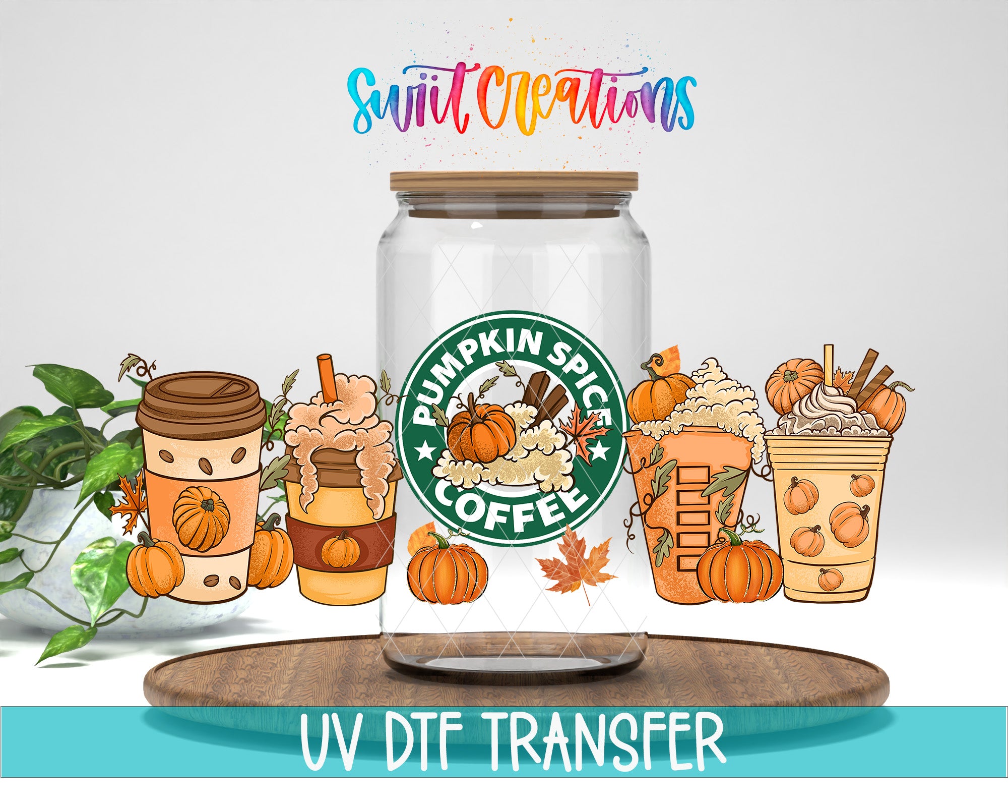 a glass jar with a pumpkin spice coffee label, surrounded by illustrations of pumpkin-themed beverages such as pumpkin spice lattes and pumpkin spice coffee drinks.