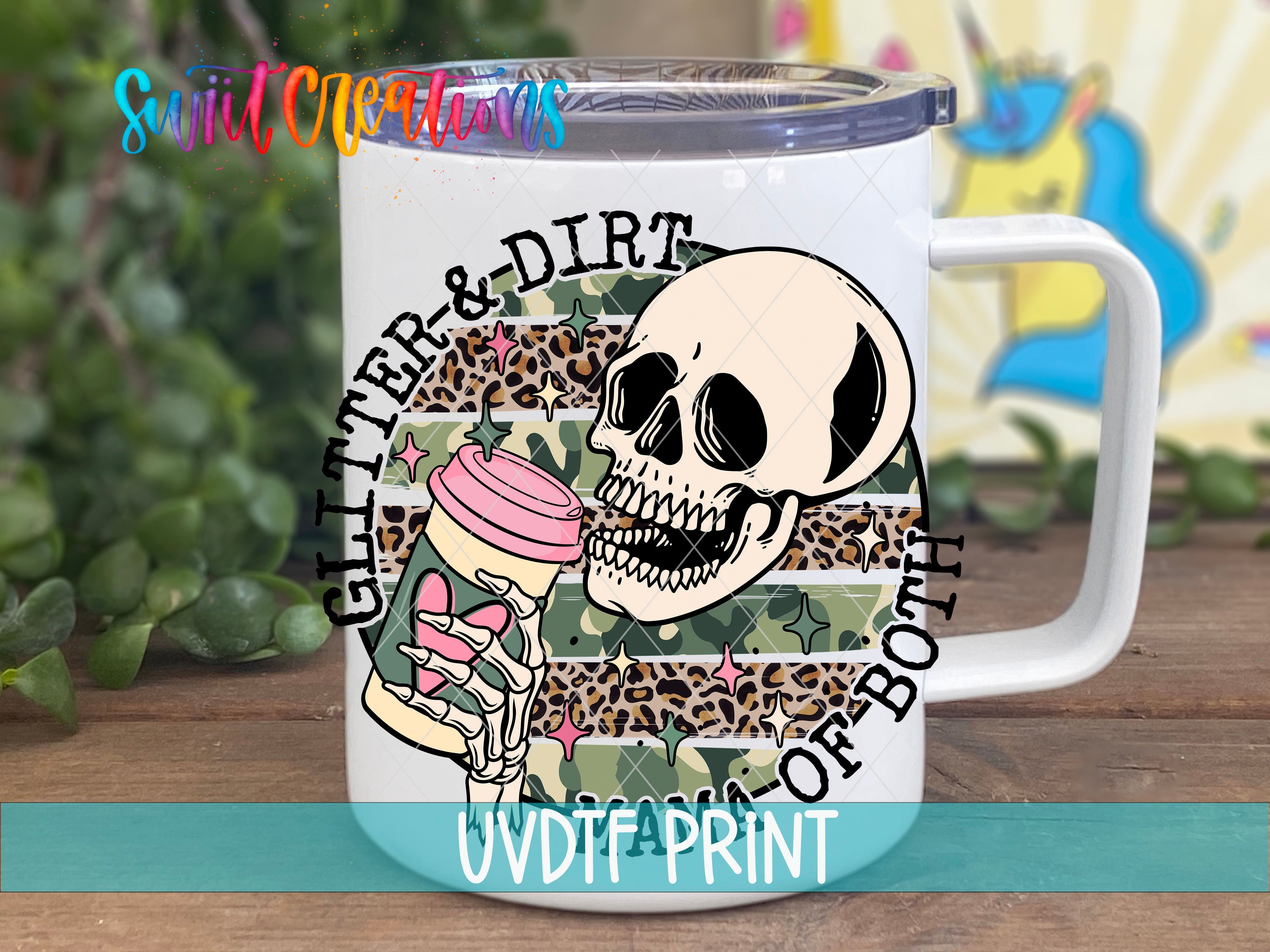 a white coffee mug with a skull and leopard print on it