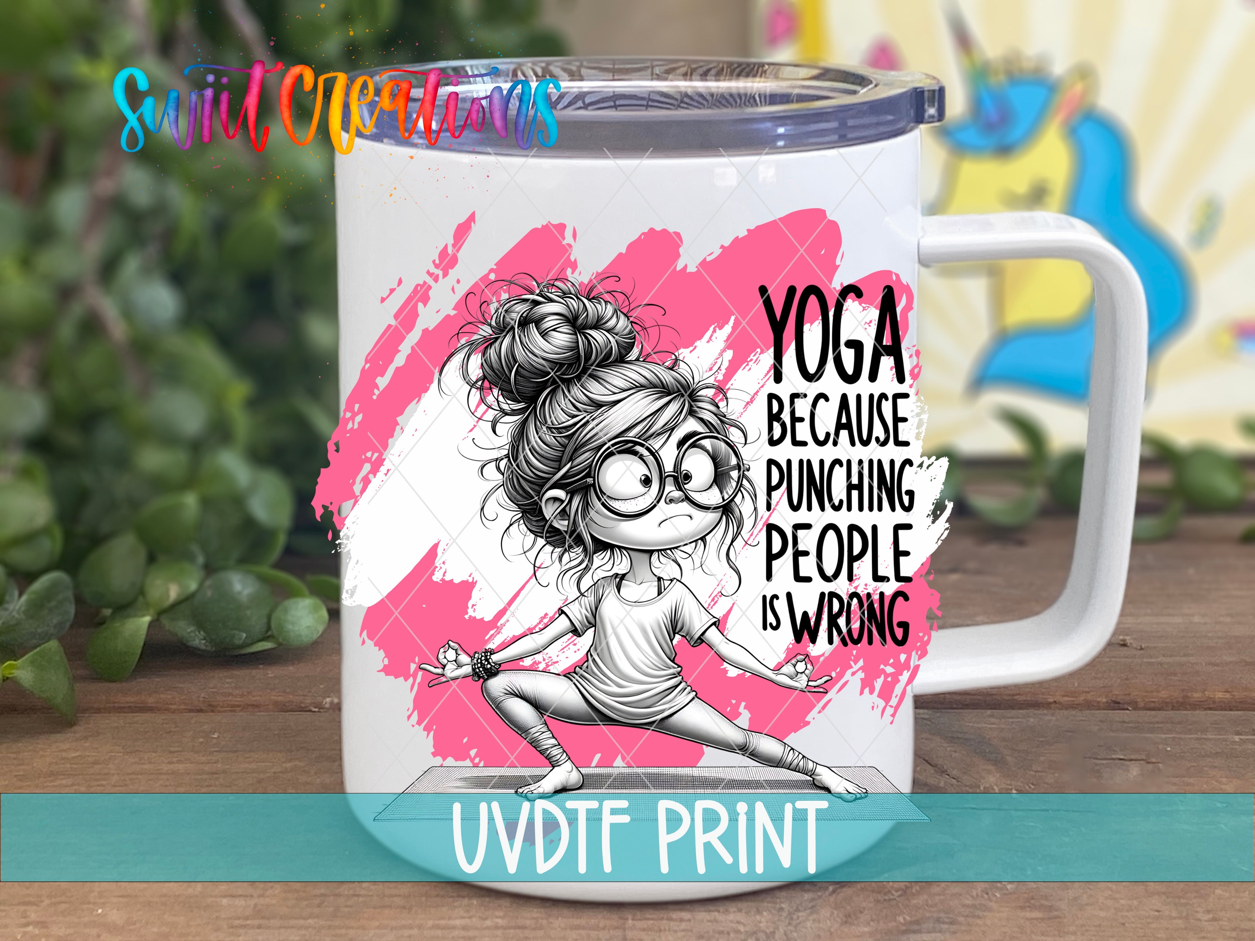 a white coffee mug with a girl doing yoga on it