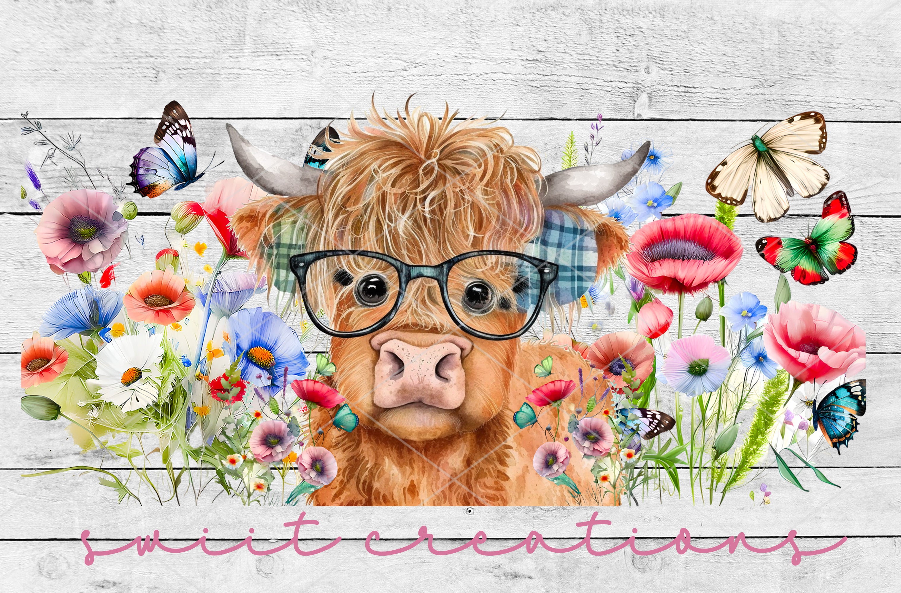 a painting of a cow wearing glasses in a field of flowers