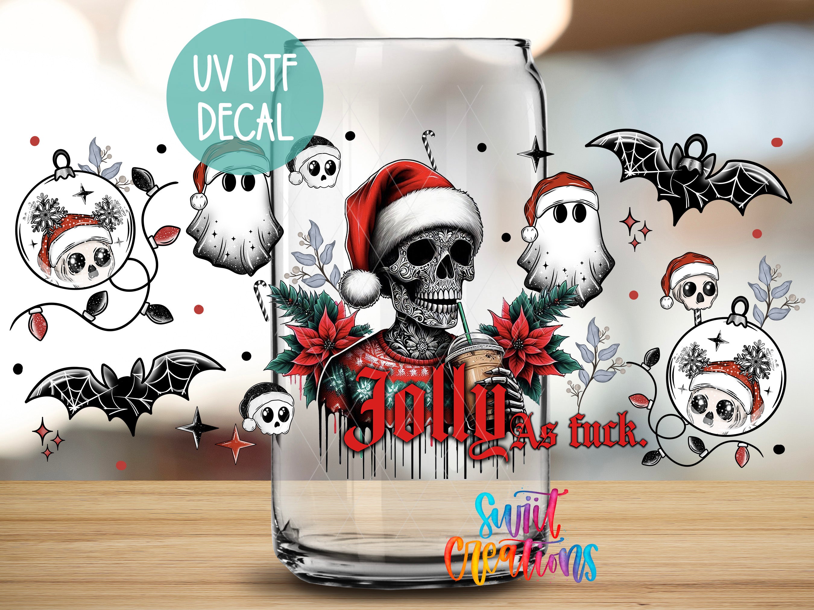 a skull wearing a Santa hat and holding a drink, surrounded by various holiday-themed elements such as bats, flowers, and stars.