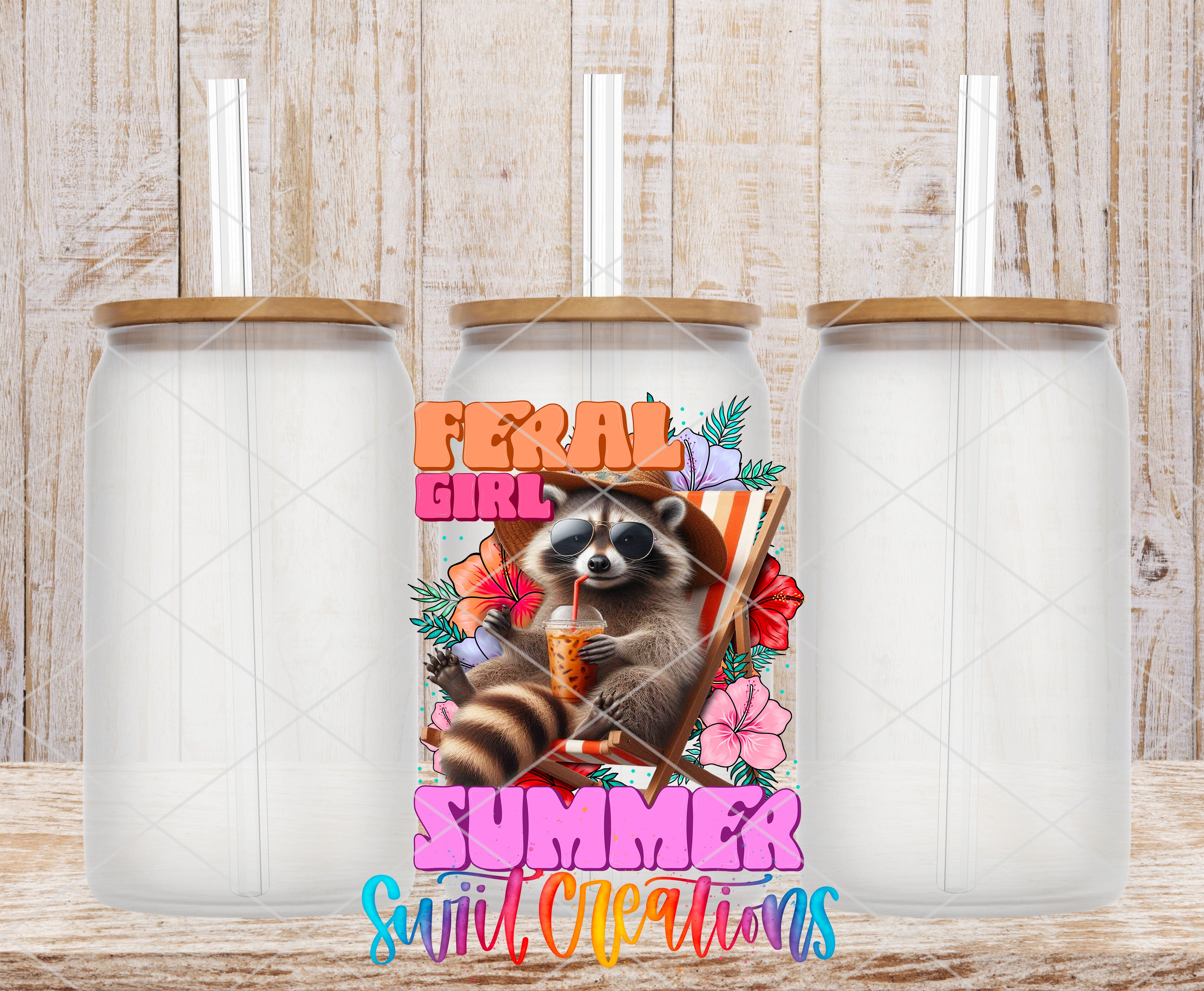 Swiit Creations UV DTF Feral Girl Summer transfer shown on a clear glass can set