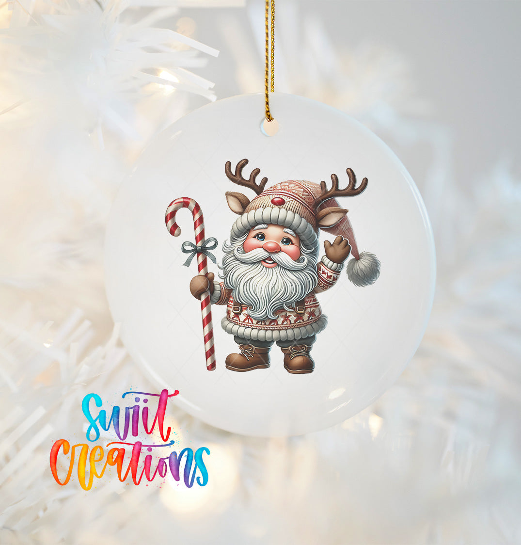A white ornament featuring a cartoon Santa Claus character holding a candy cane and antlers.