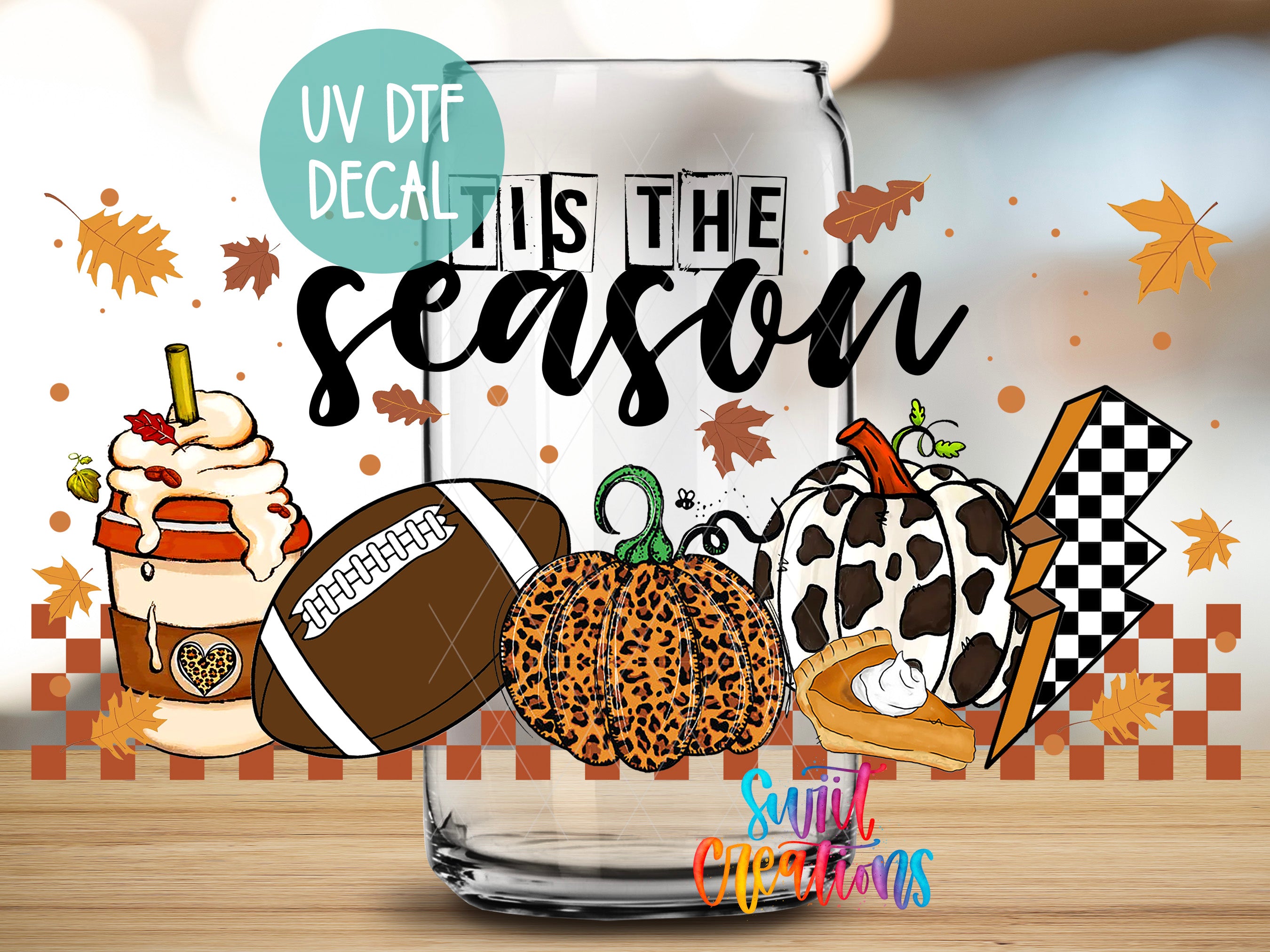 The image is a collage featuring a glass with various fall-themed illustrations, including a pumpkin, a football, a slice of pie, and a cup of coffee with a whipped cream topping.