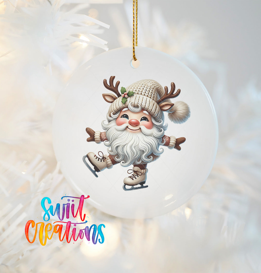 A white ornament featuring a smiling Santa Claus figure with antlers, wearing a knit hat and skis, hanging on a Christmas tree.