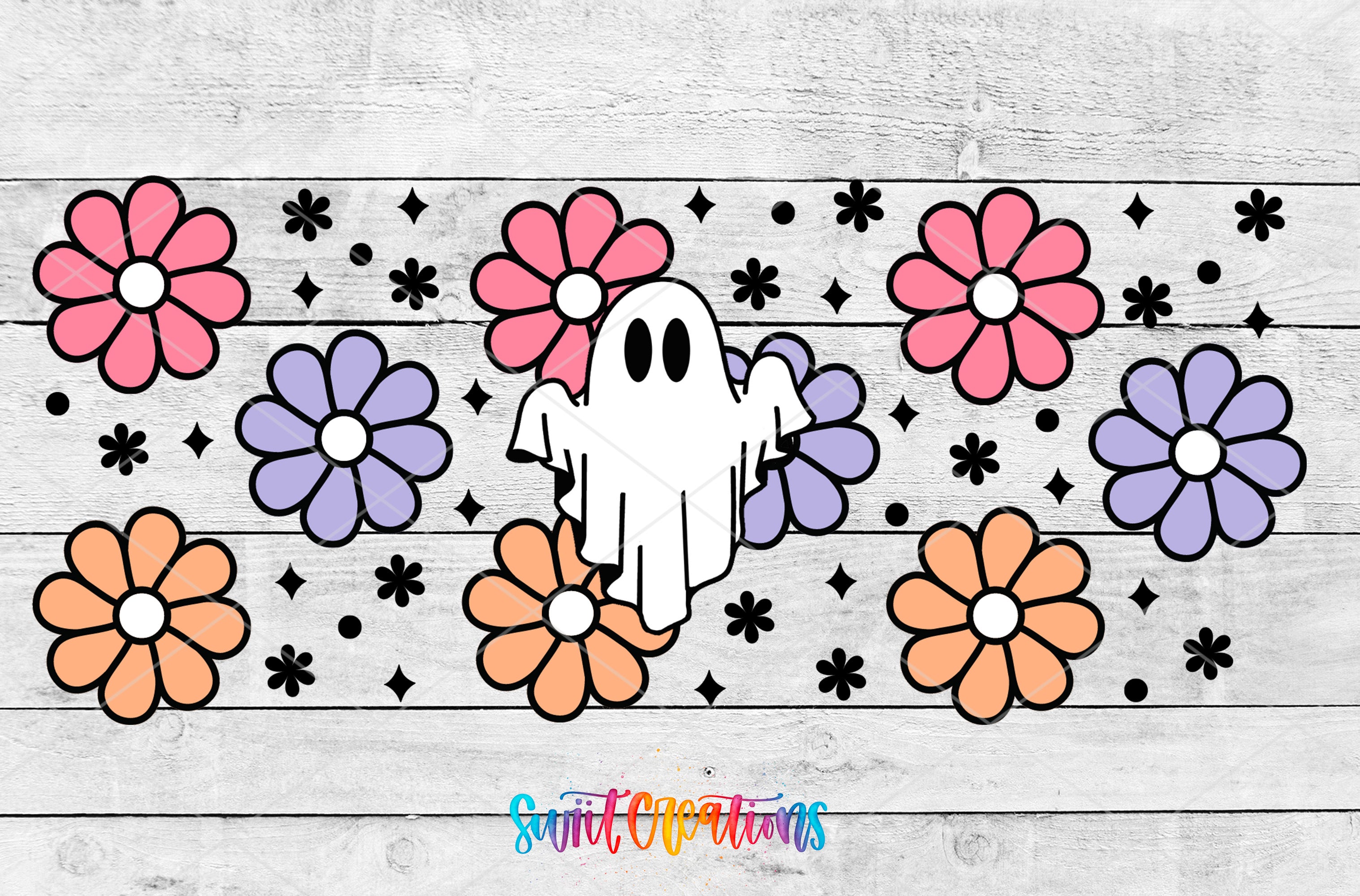 a ghost surrounded by flowers on a wooden background
