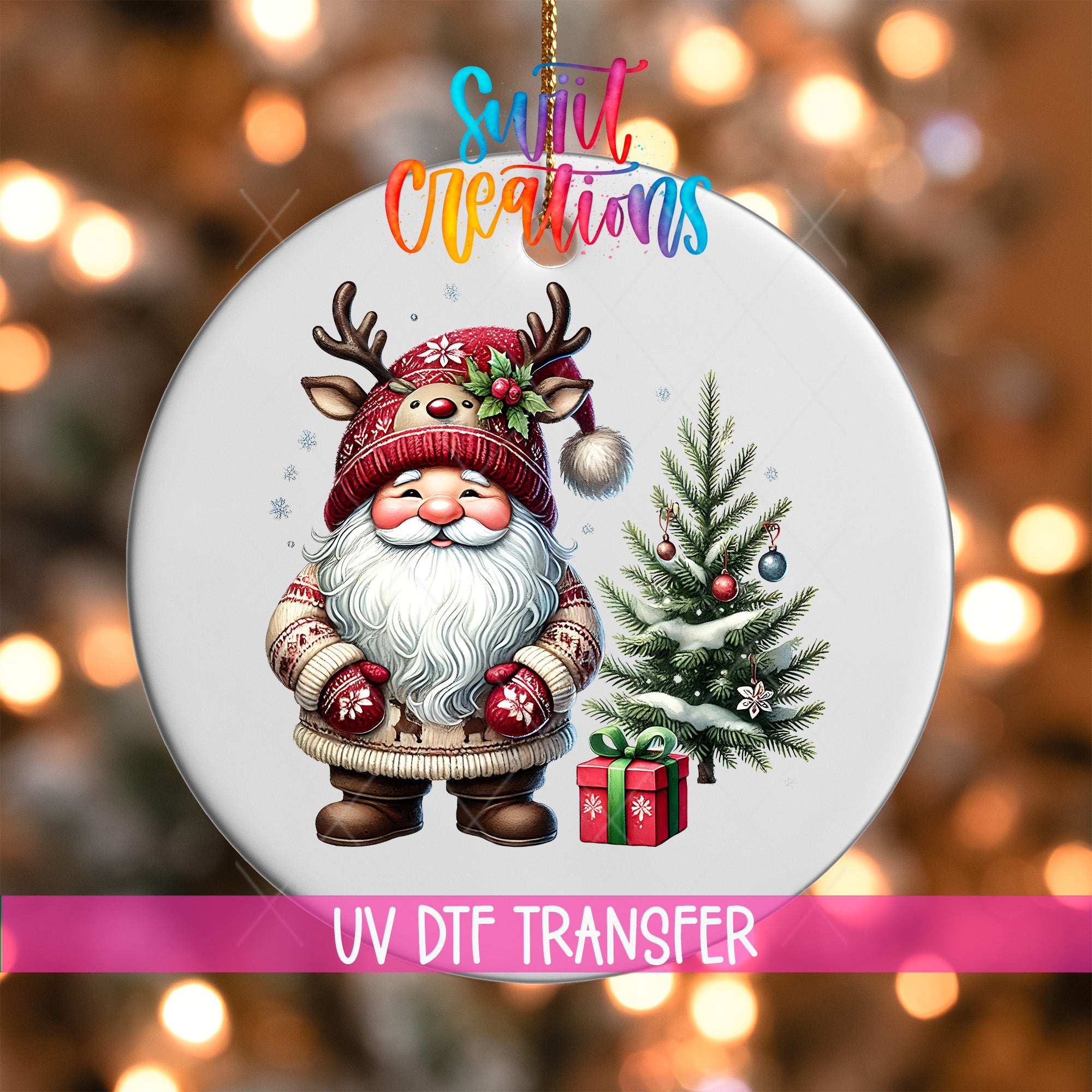 A Christmas ornament featuring a smiling Santa Claus wearing a red hat and mittens, standing next to a decorated Christmas tree.