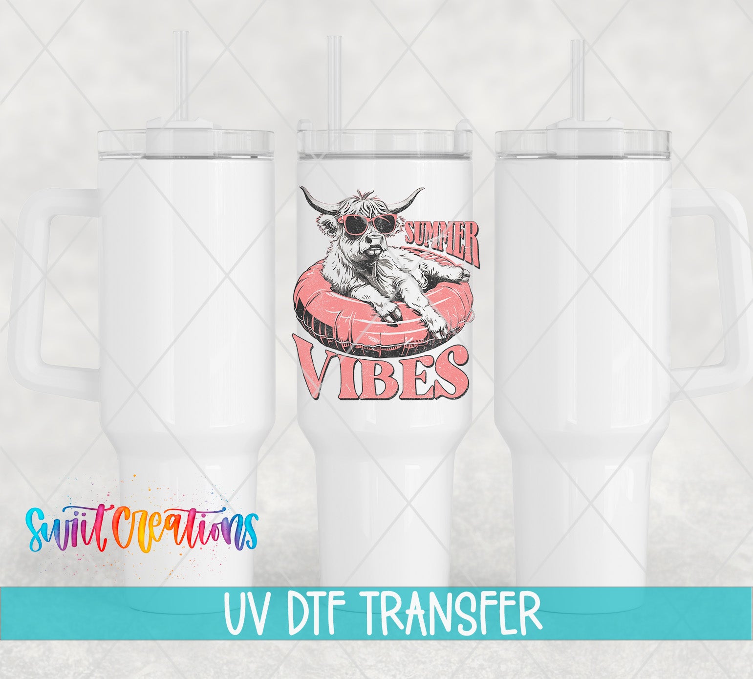 Swiit Creations UV DTF Summer Vibes Cow transfer shown on a white tumbler set