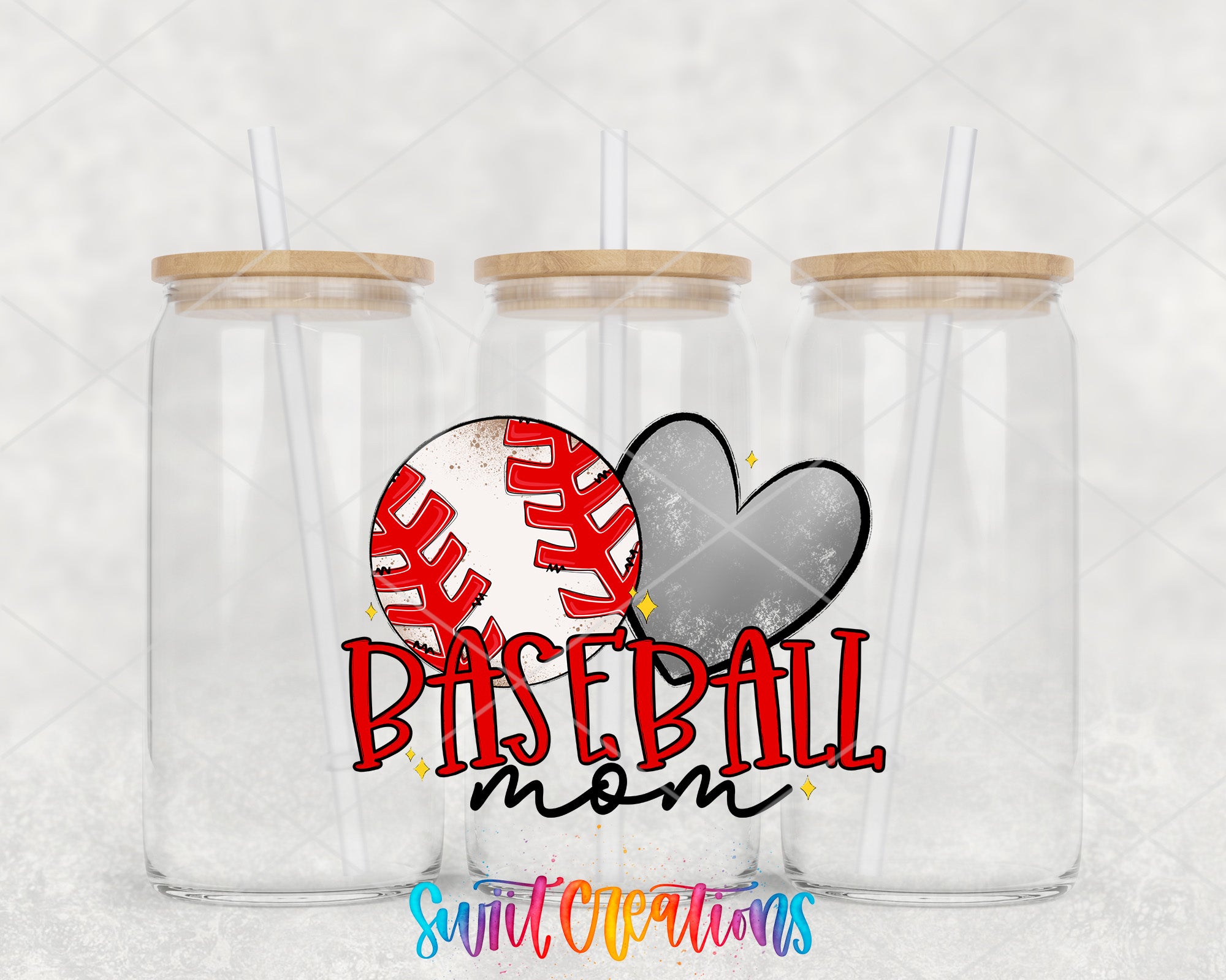 three clear glass jars with wooden lids, each with a straw, arranged in a row. The jars are labeled "Baseball mom" in a stylized font, and there is a baseball graphic and a heart graphic in the center of the jars.