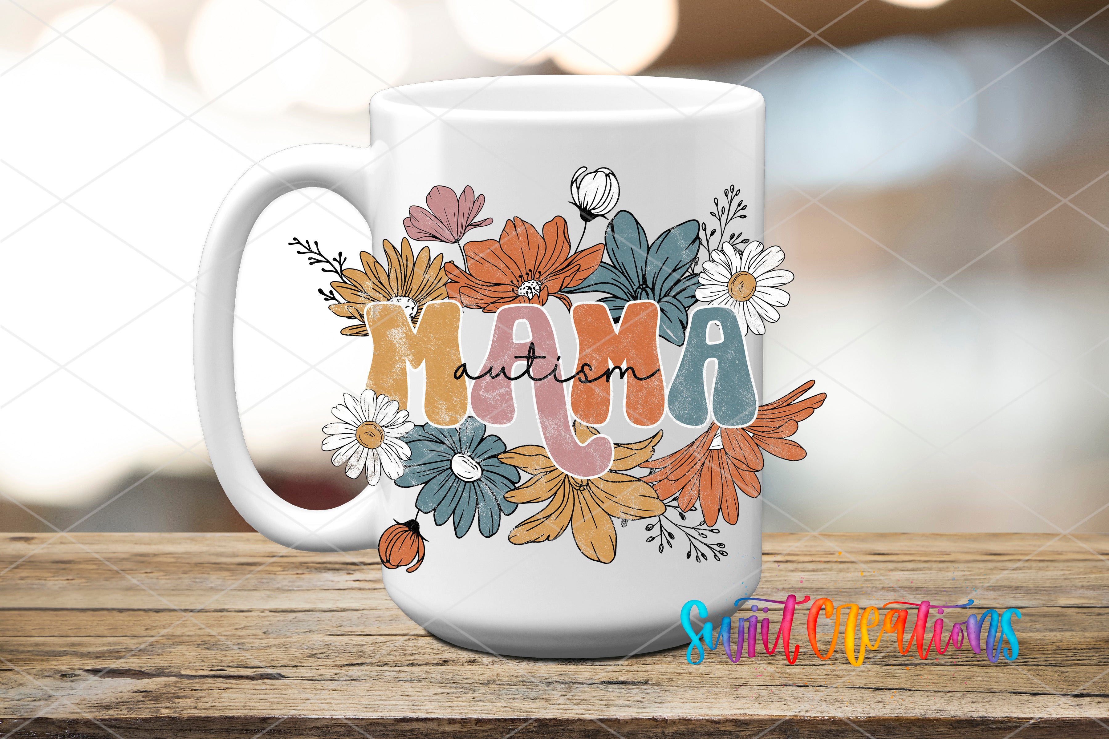 Swiit Creations UV DTF Autism Mama Floral transfer applied to a white ceramic mug