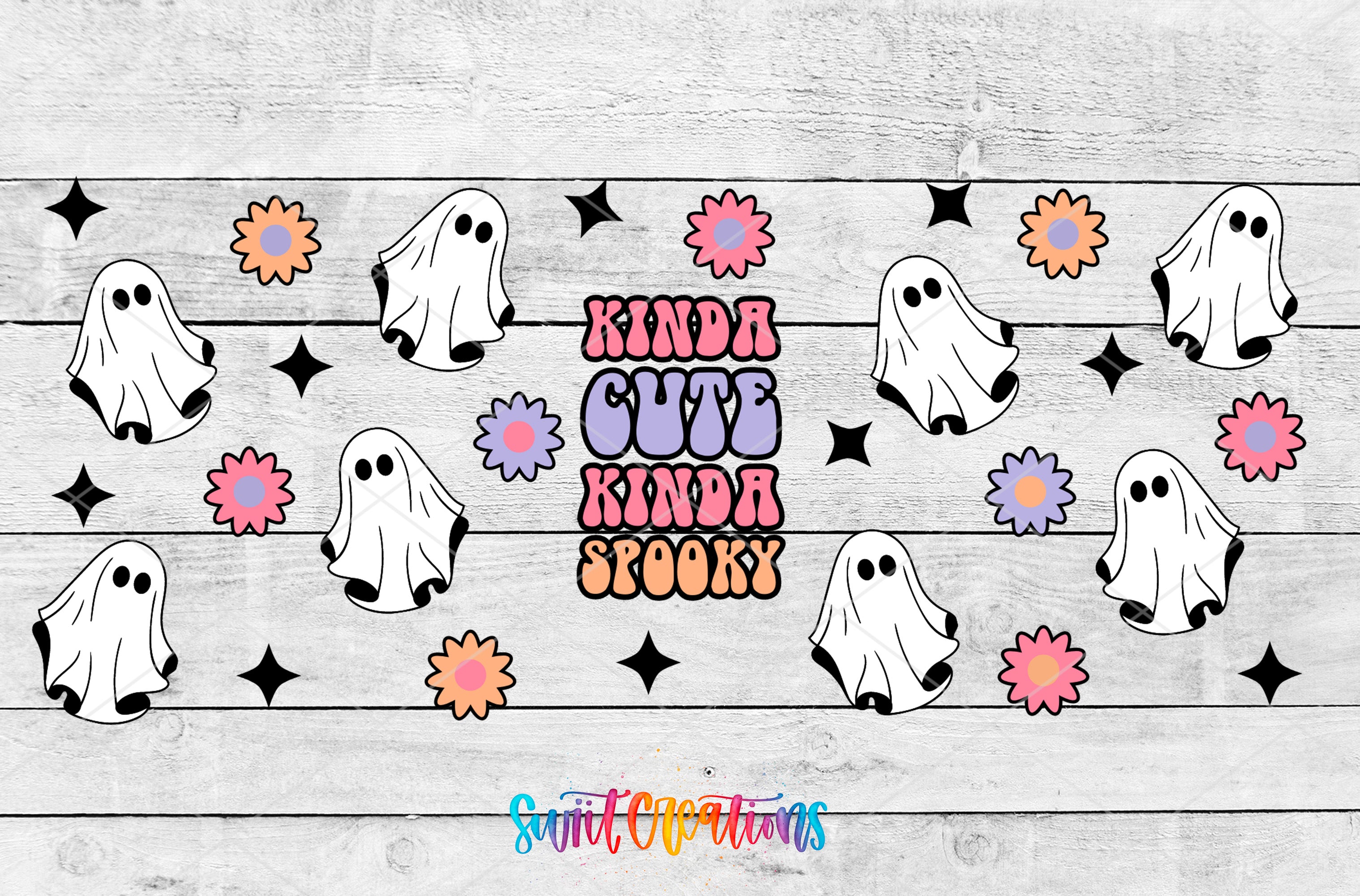 The image is a colorful and whimsical Halloween-themed design featuring ghostly figures, flowers, and the text "KINDA CUTE KINDA SPOKY" in a playful font.