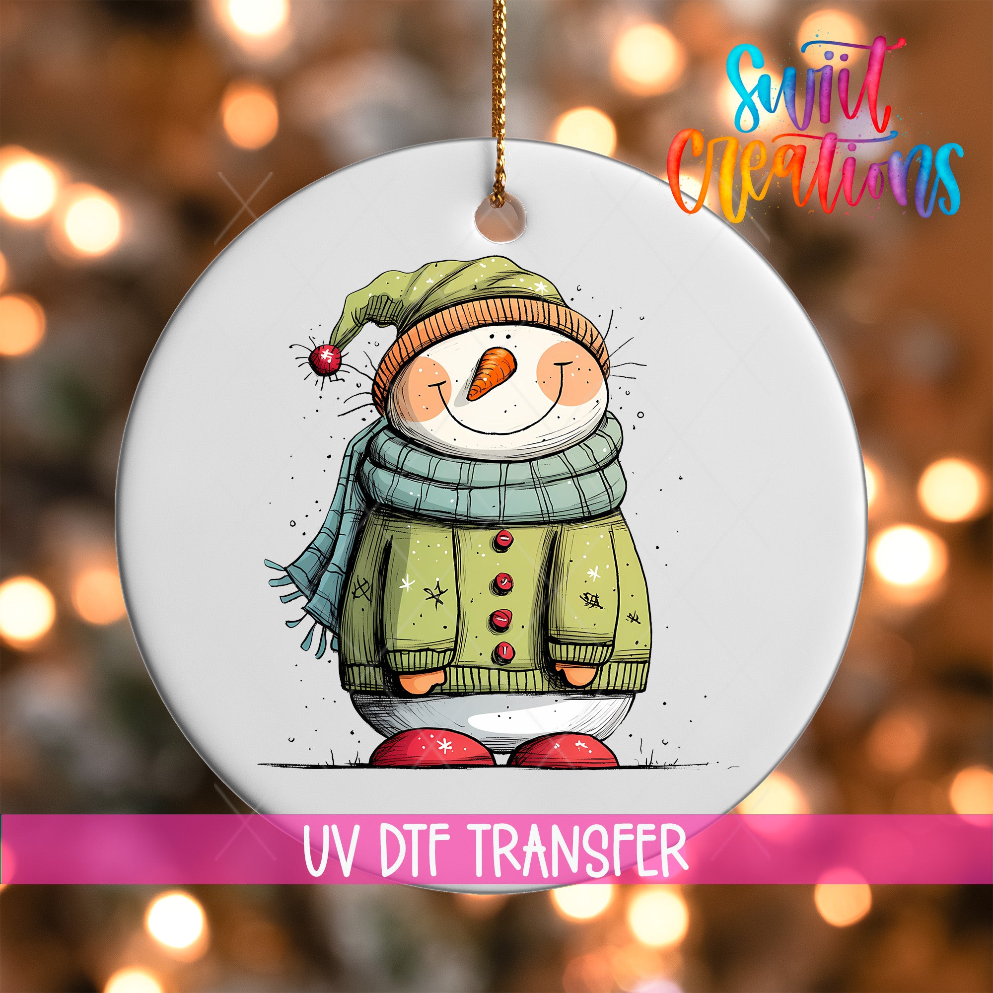 A snowman ornament with a green scarf and red shoes, set against a blurred background of Christmas lights.