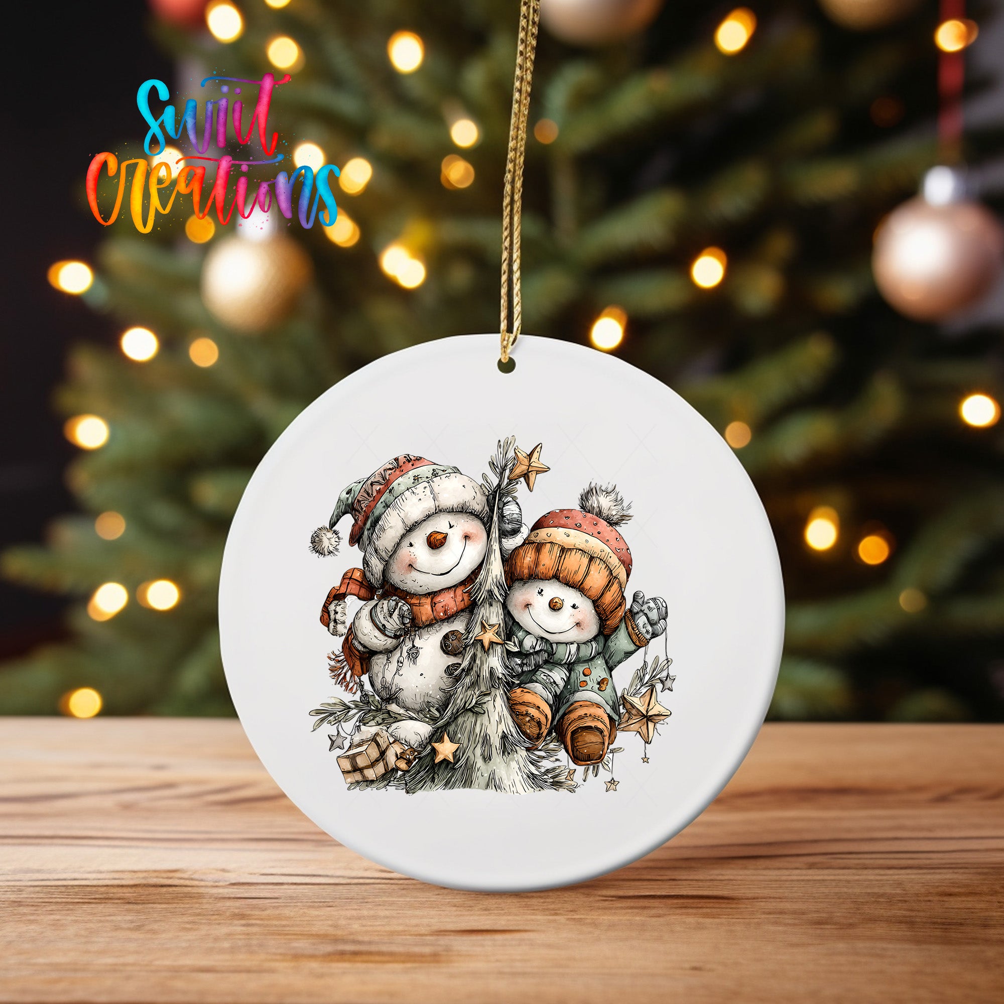 A white ceramic ornament featuring two snowmen, one wearing a red scarf and the other wearing a yellow scarf, sitting on a Christmas tree.