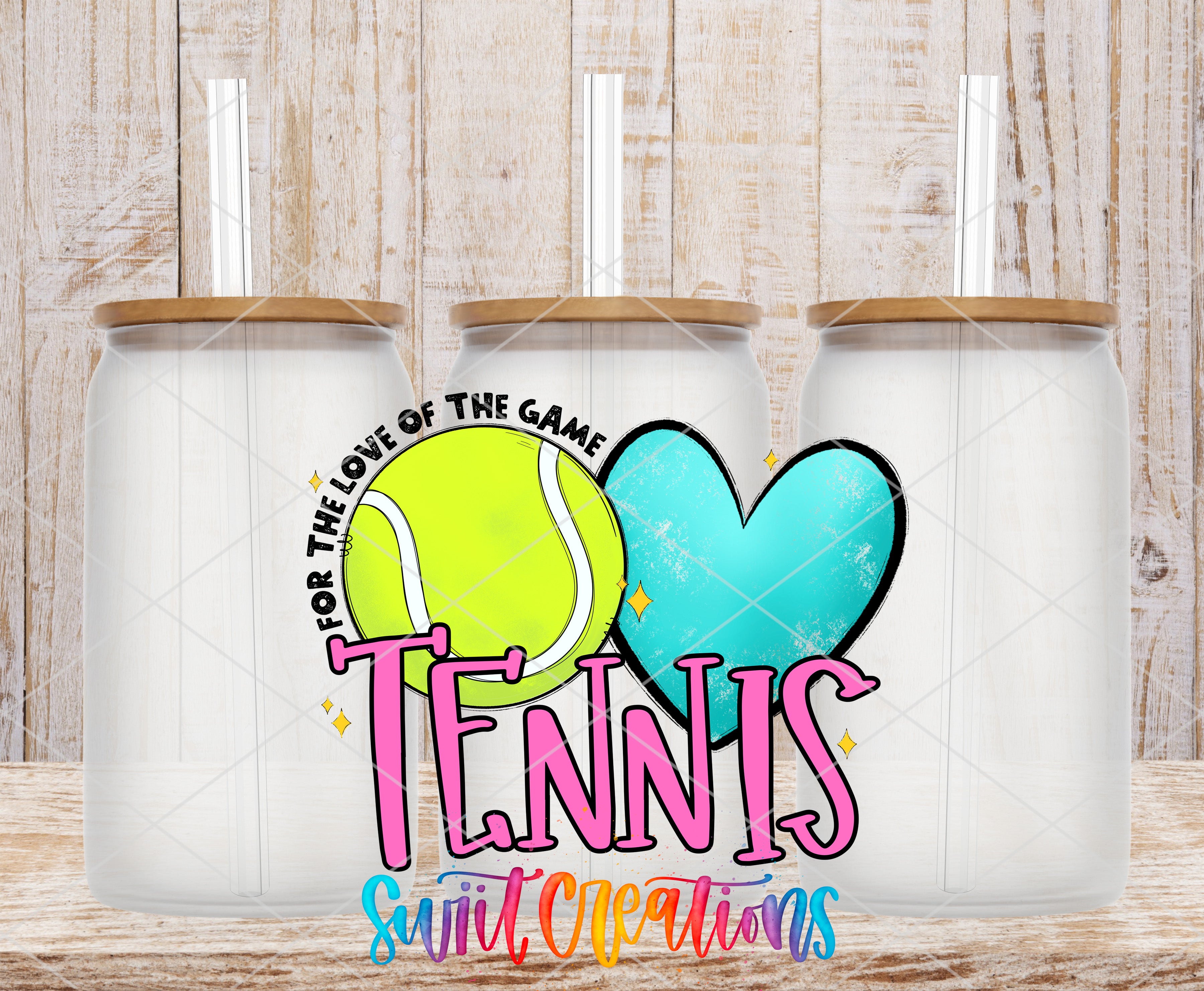 three glass jars with lids, each containing a straw, arranged in a row. The jars are set against a wooden background. The text "Tennis" is prominently displayed in the center of the image, with a heart symbol to the right of the word "Tennis".