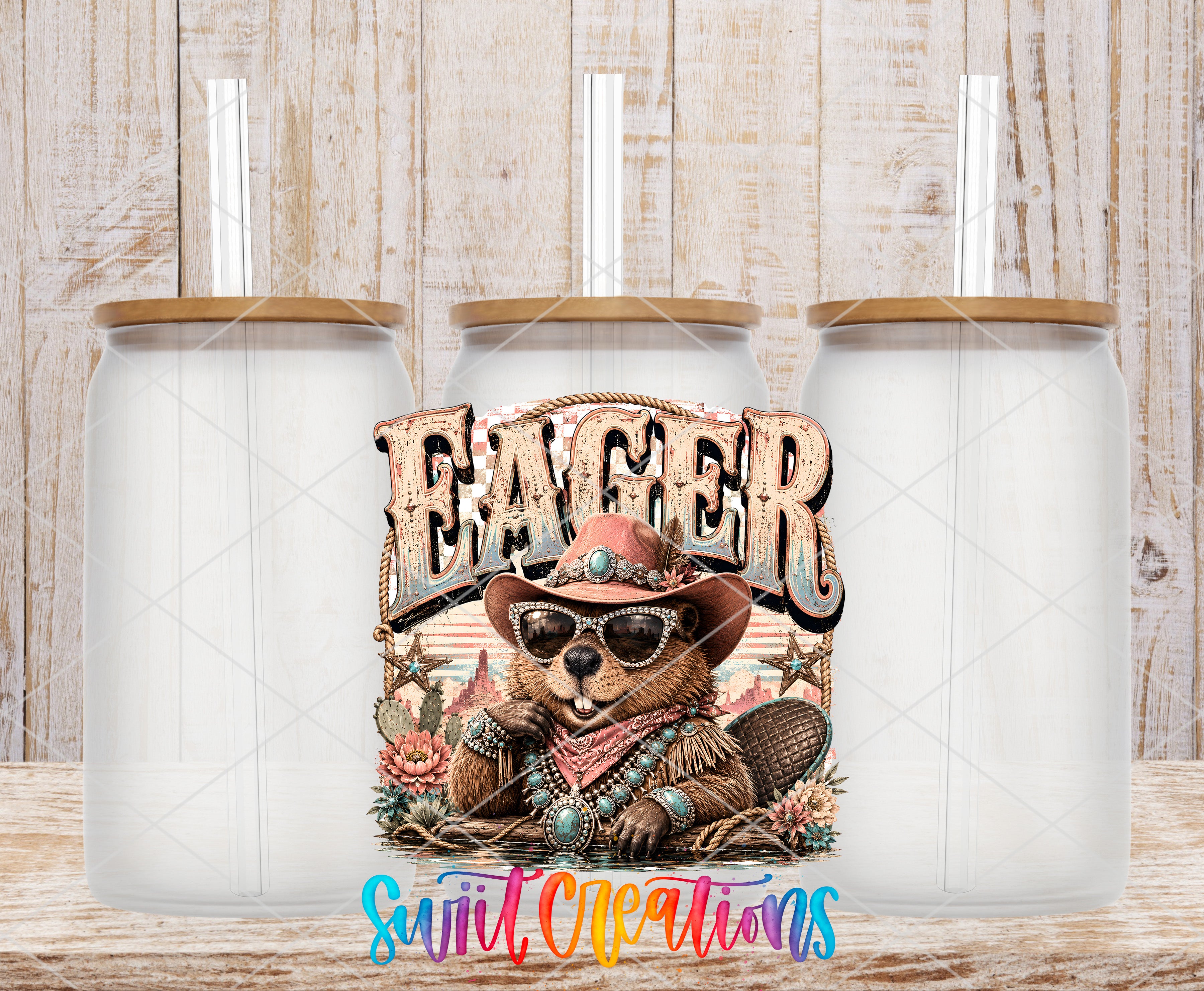 a cowboy-themed design with a bear wearing sunglasses and a hat, surrounded by various western-style elements such as cacti and a lasso.
