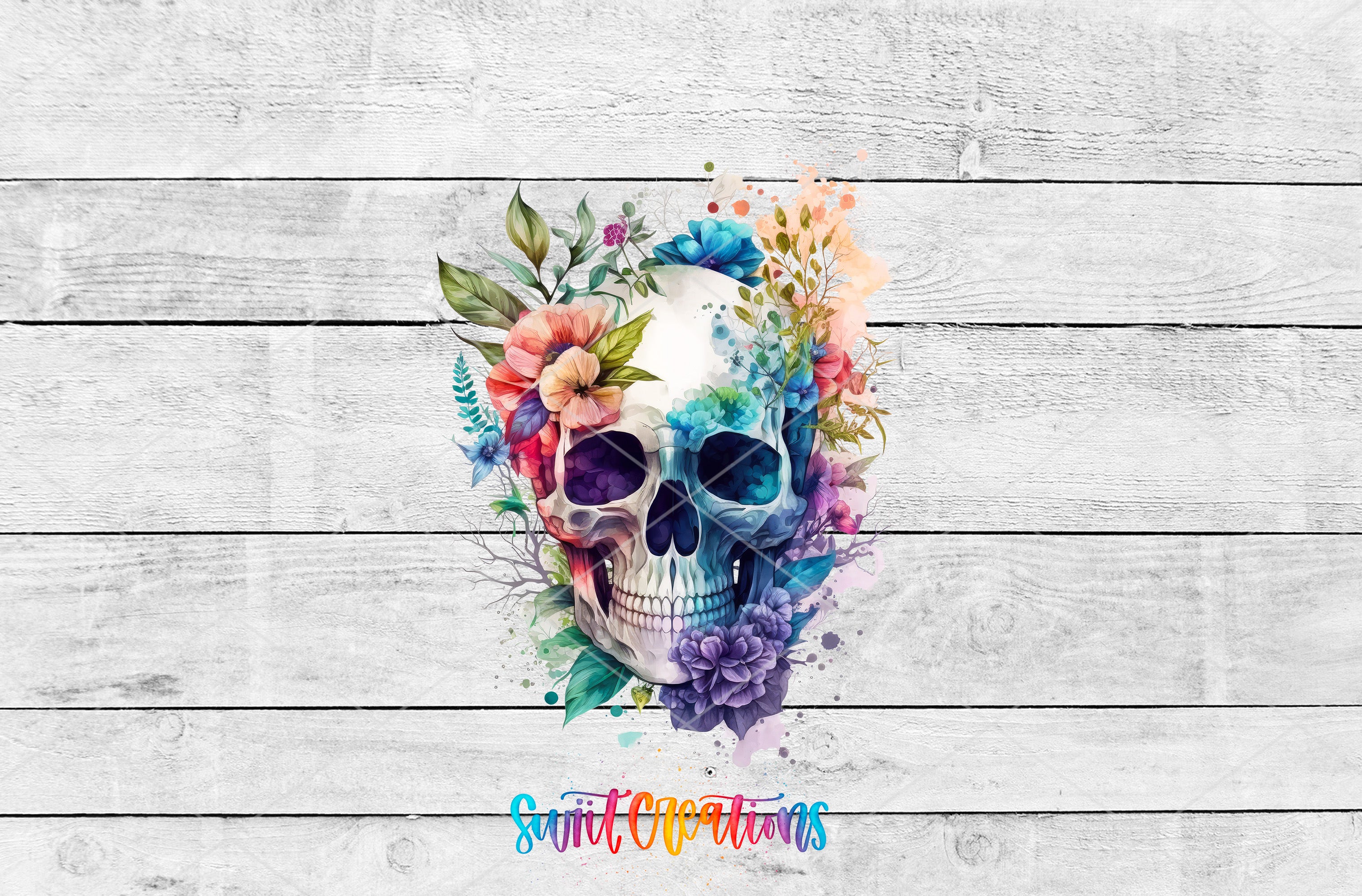 Swiit Creations UV DTF Watercolor Floral Skull transfer shown as the full artwork preview