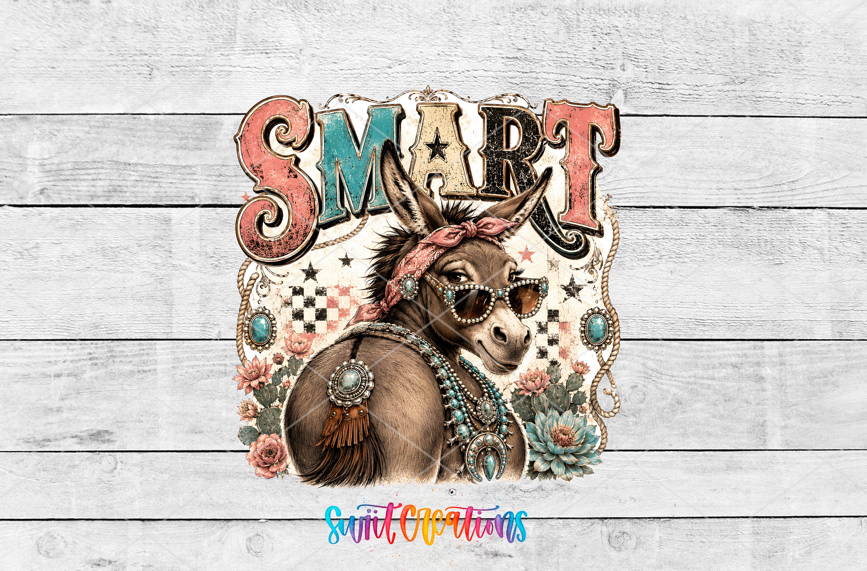 A donkey wearing sunglasses and jewelry, surrounded by flowers and decorative elements, with the word "SMART" prominently displayed above it.